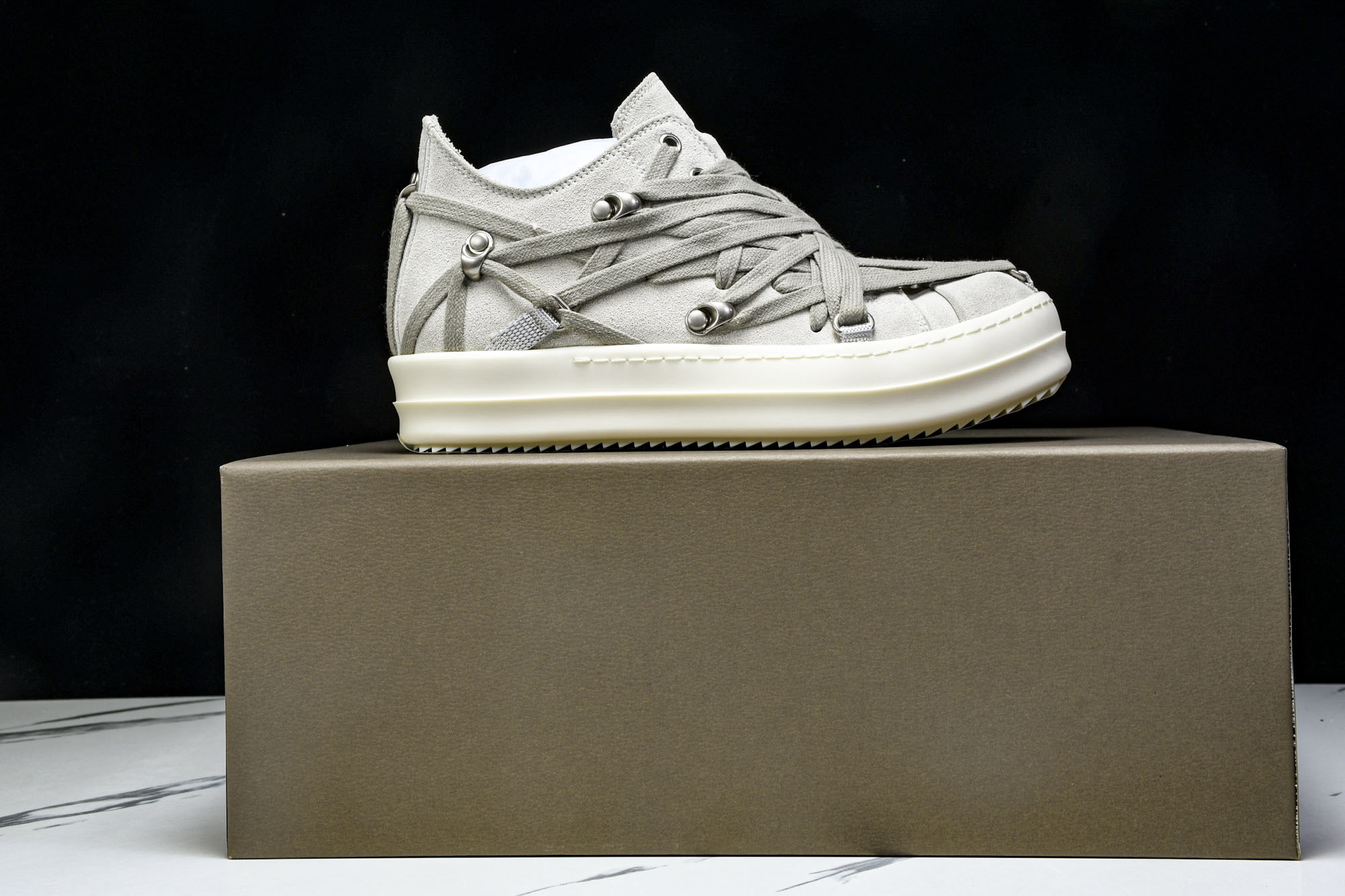 纯原莞产 RICK OWENS RO Megalace 小羊皮 圆头系带 低帮 板鞋  灰色#YZ021