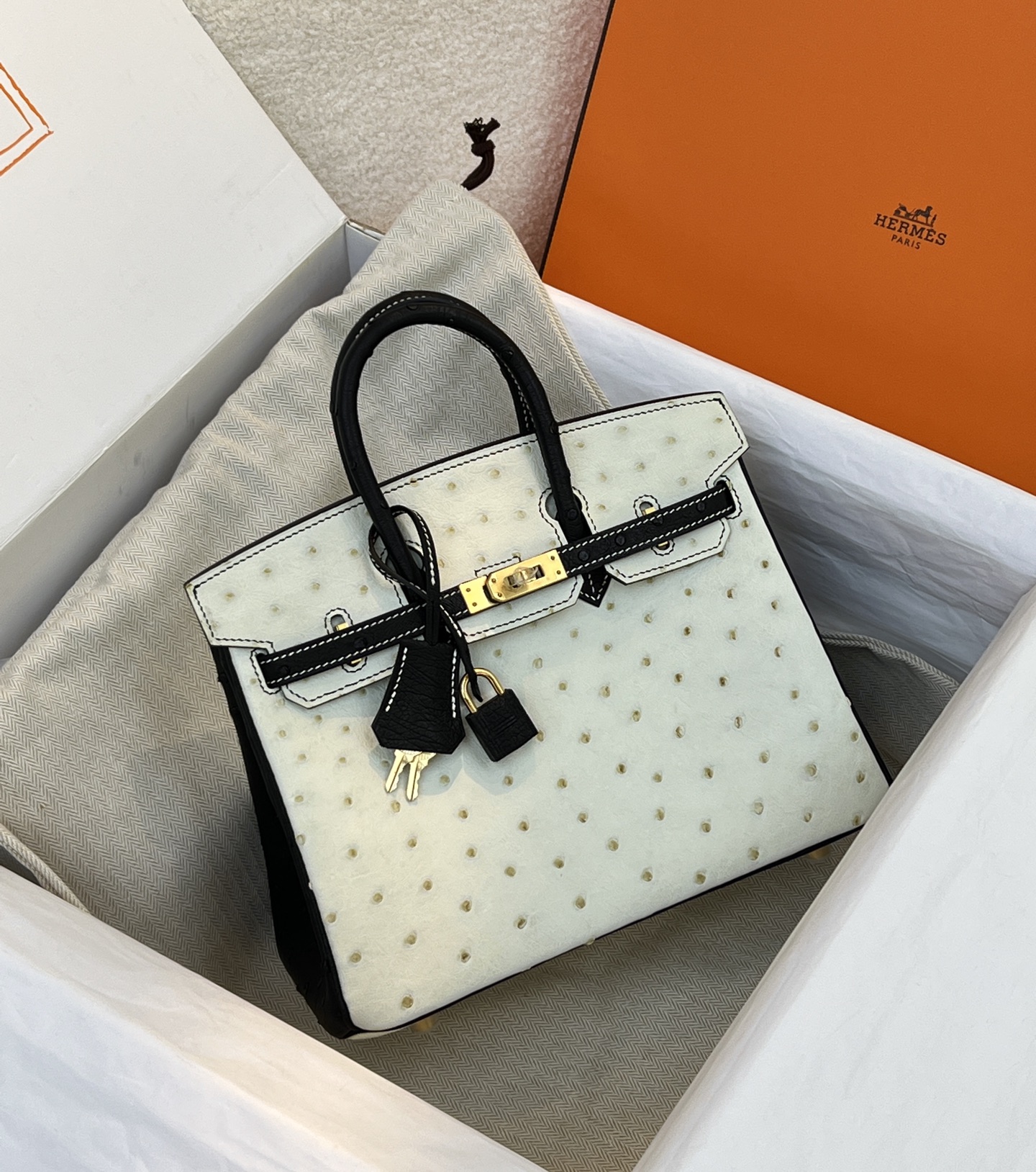 NO:714003,Ostrich skin platinum 25, wool white with black/gold buckle in stock, Hermes, hermes, ostrich skin, Hermes,19860909鸵鸟皮铂金25,羊毛白拼黑/金扣 现货,爱马仕,hermes,ostrich skin,Hermes,,Bag
