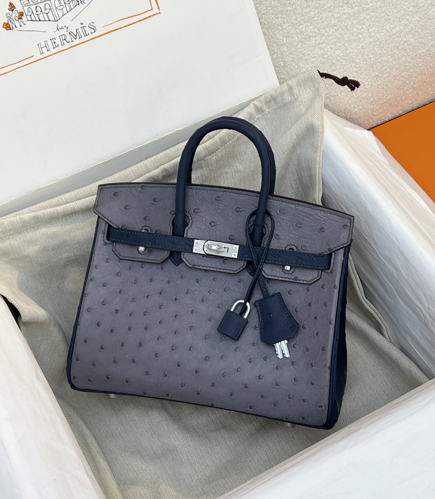 NO:714005,Ostrich skin platinum 25, agate gray with iris blue/brushed silver buckle in stock,Hermes,hermes,ostrich skin,Hermes,19860909鸵鸟皮铂金25,玛瑙灰拼鸢尾蓝/拉丝银扣 现货,爱马仕,hermes,ostrich skin,Hermes,,Bag