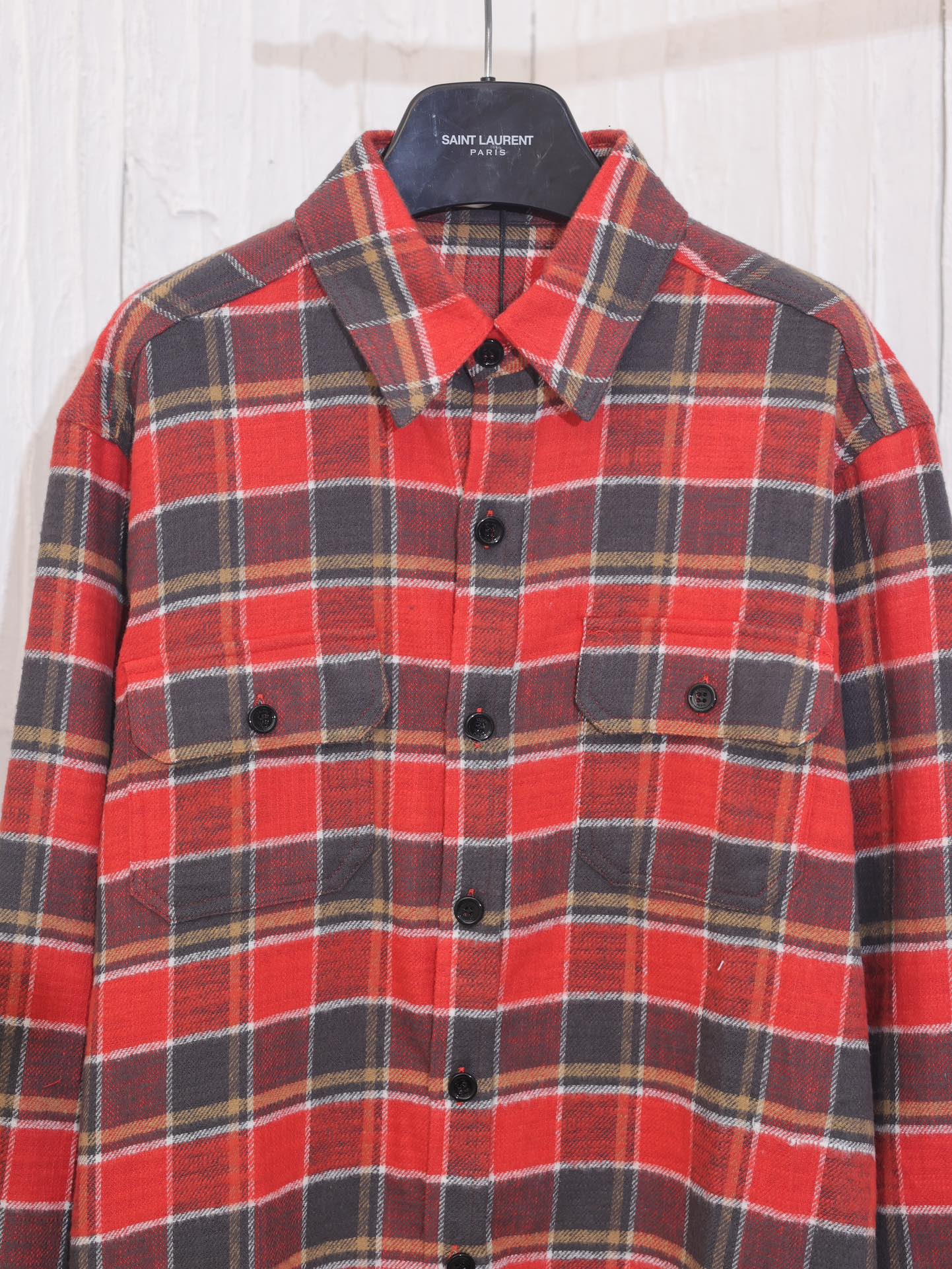 Celin*/Celine camisa de franela a cuadros roja y negra estilo americano retro nueva 24, con dos bolsillos, cuello solap…