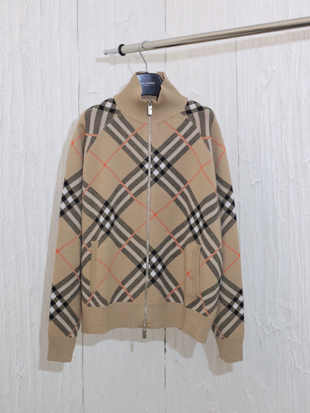 Burberr*/巴宝莉 24 chaqueta de punto de cachemira con cremallera y cuadros, tela de lana personalizada, patrón de cuadros …