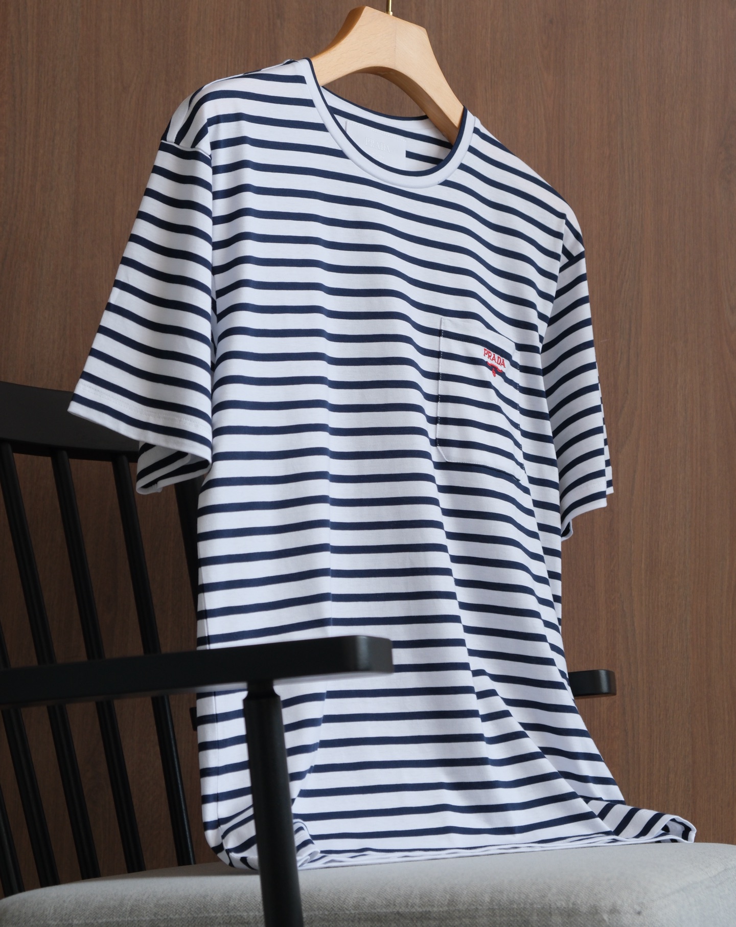 Prada Striped T-Shirt - Navy Blue & White Cotton Tee with Logo Embroidery 3 i1746761766558 5721 0 1