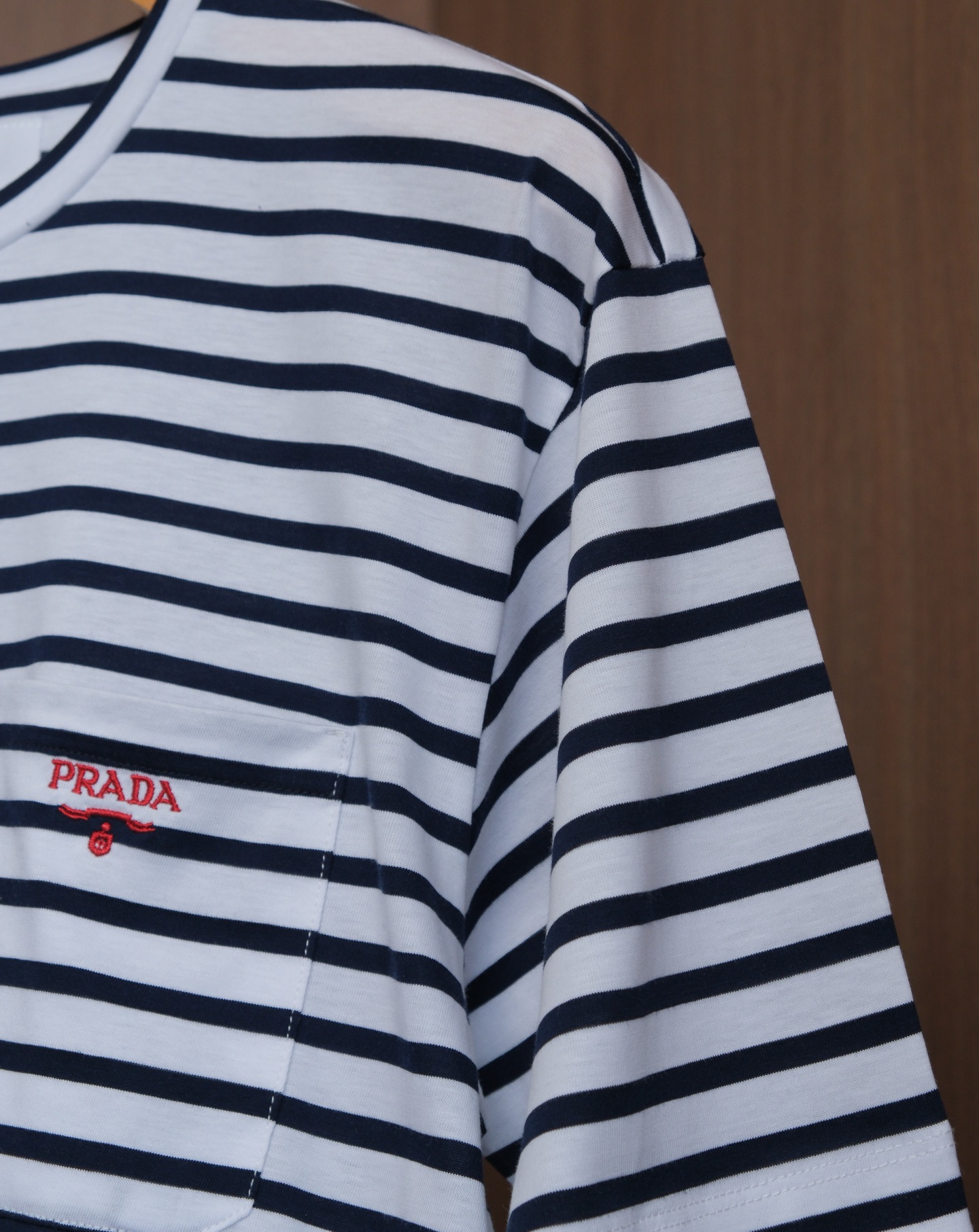 Prada Striped T-Shirt - Navy Blue & White Cotton Tee with Logo Embroidery 8 i1746761766558 7685 0 6