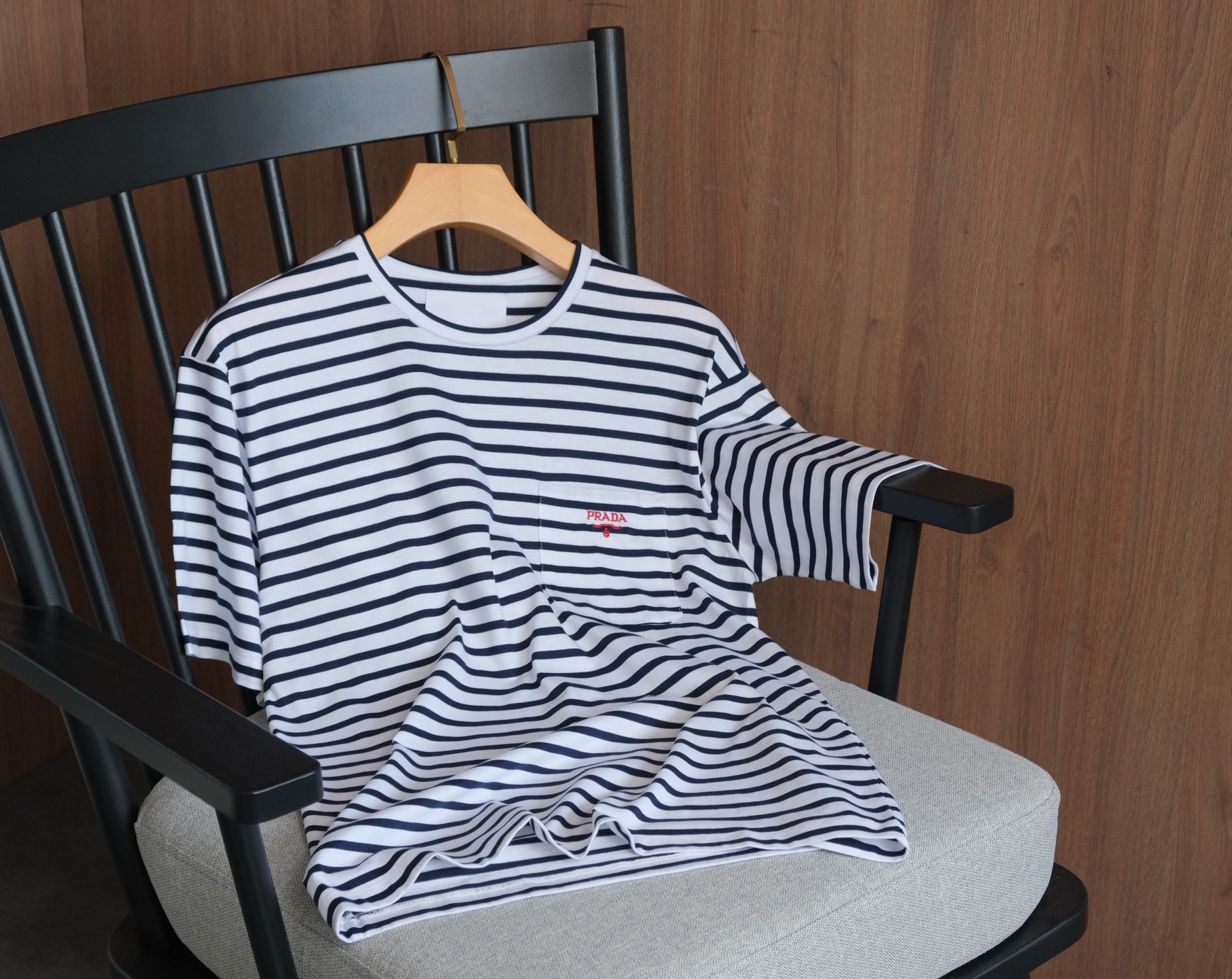 Prada Striped T-Shirt - Navy Blue & White Cotton Tee with Logo Embroidery 5 i1746761770075 1069 0 3
