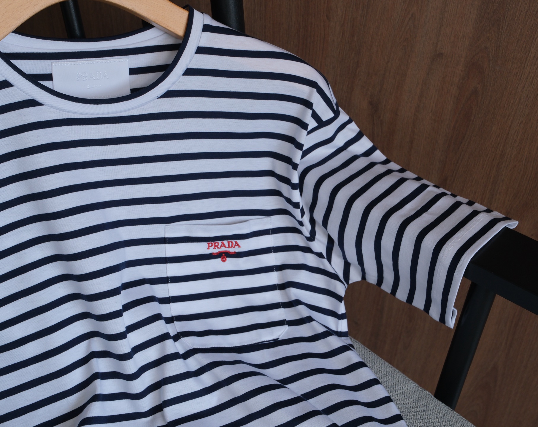 Prada Striped T-Shirt - Navy Blue & White Cotton Tee with Logo Embroidery 7 i1746761770118 1315 0 5