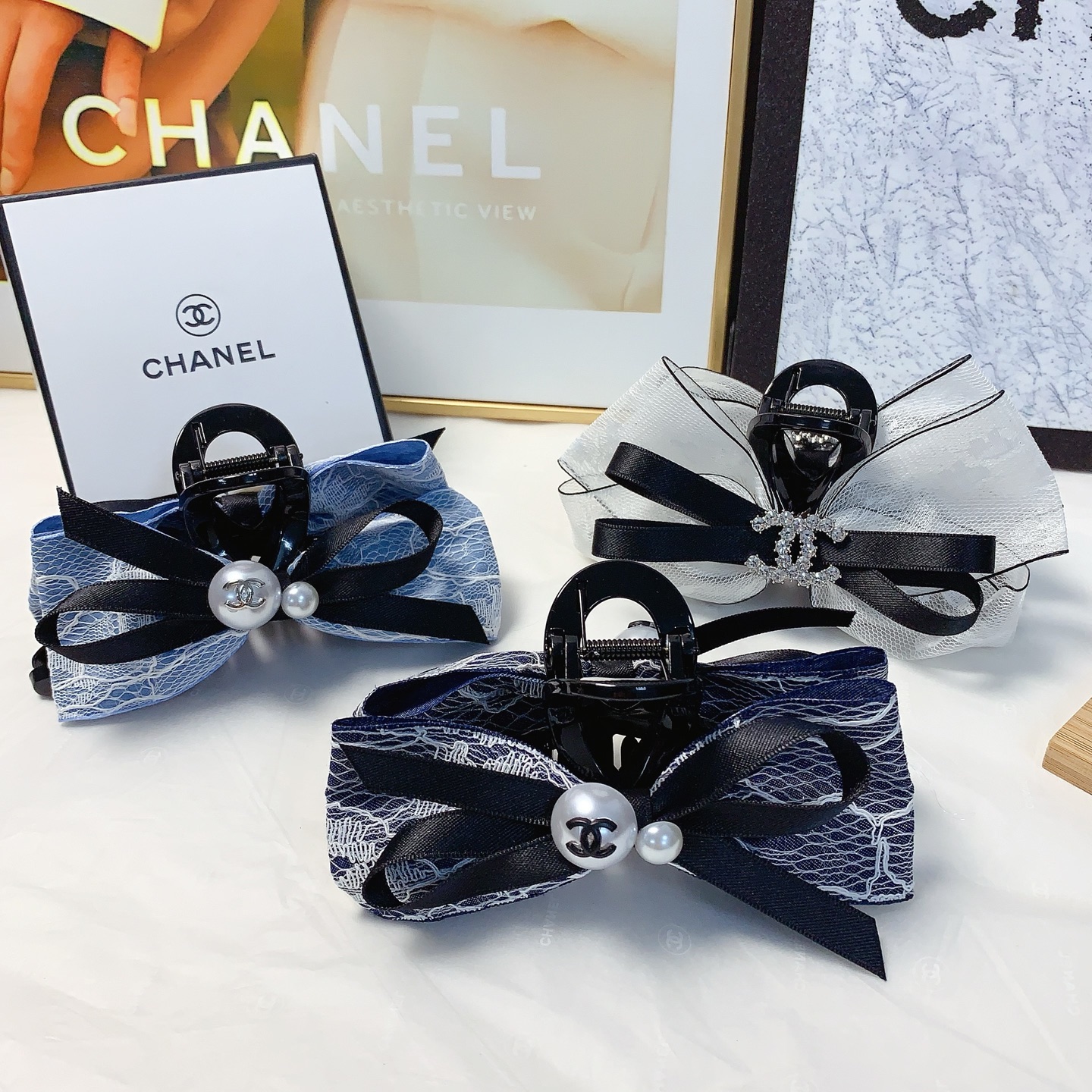 Chanel pequeño Chanel pinza para el cabello Chanel, pinza de encaje con lazo, elegante y versátil, pequeño accesorio di…