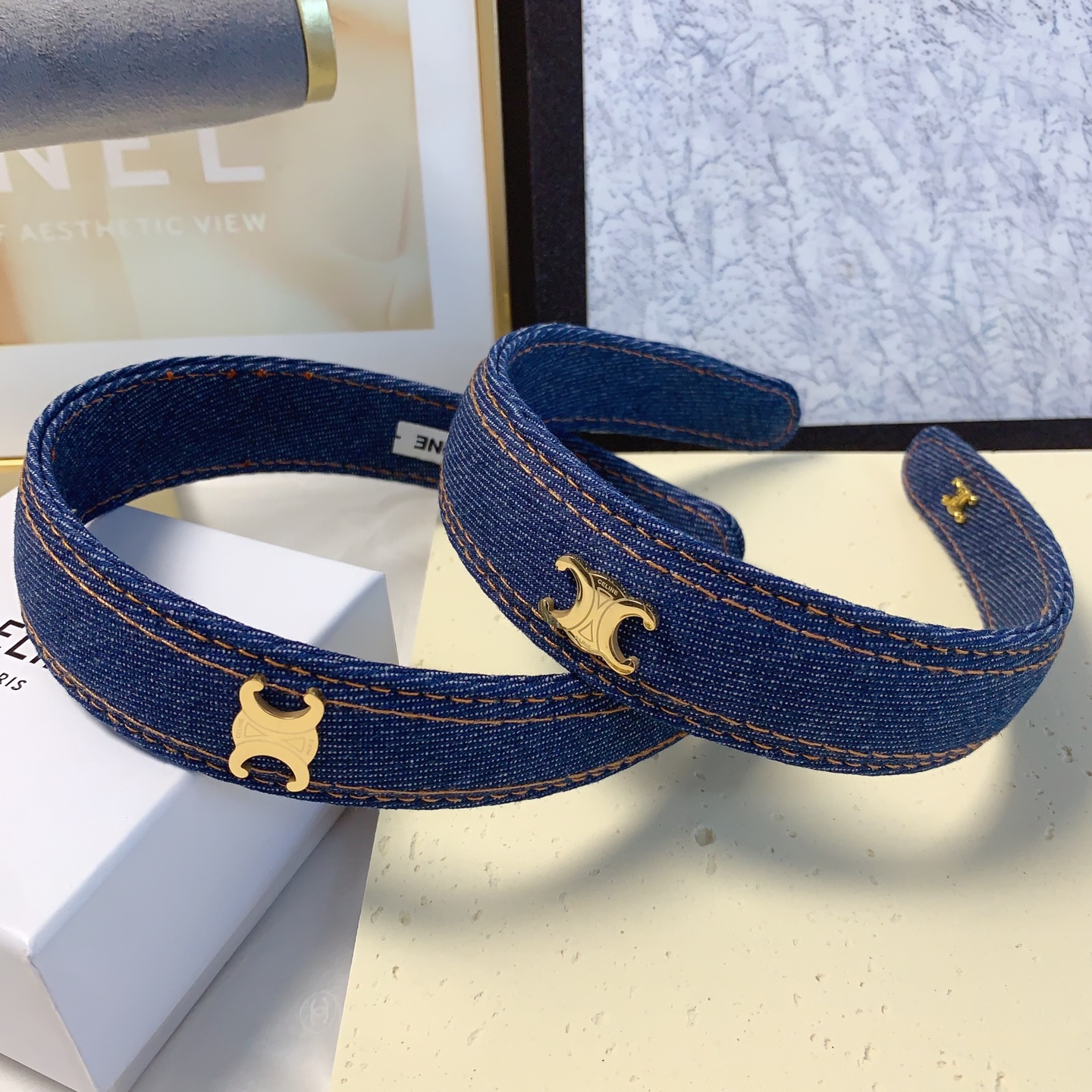 Celine Celine diadema de Celine, diadema vaquera con logo de acero inoxidable y arco de triunfo, elegante y versátil, i…