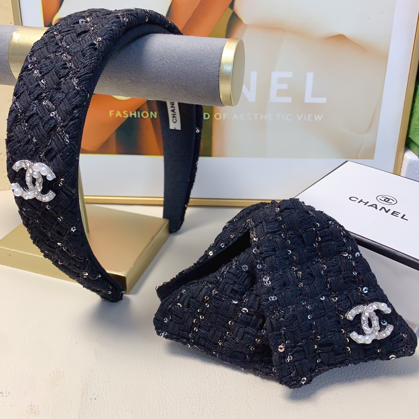 Chanel pequeño Chanel diadema de tejido con lentejuelas, estilo lujoso, diadema elegante y versátil, imprescindible par…
