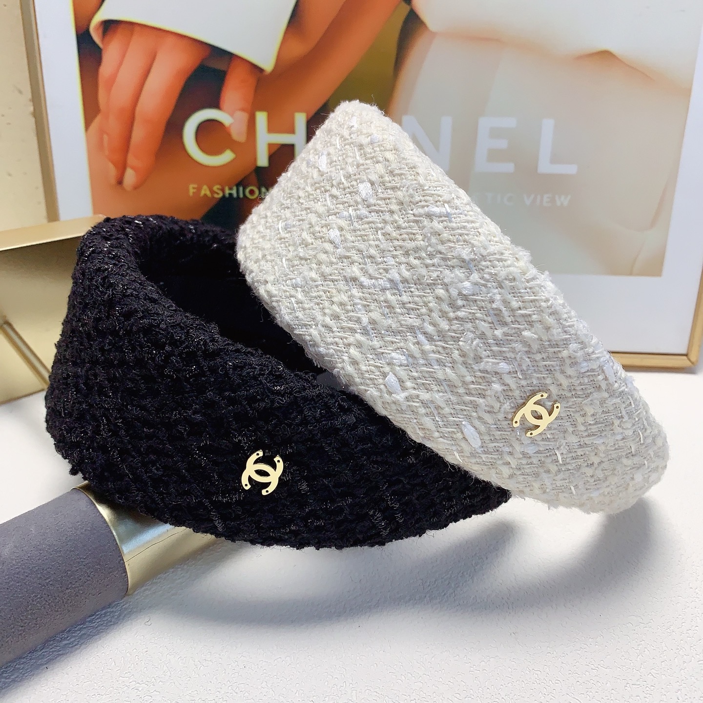 Chanel pequeño Chanel diadema, diadema de tweed grueso estilo coreano, artículo imprescindible para hadas pequeñas, ele…