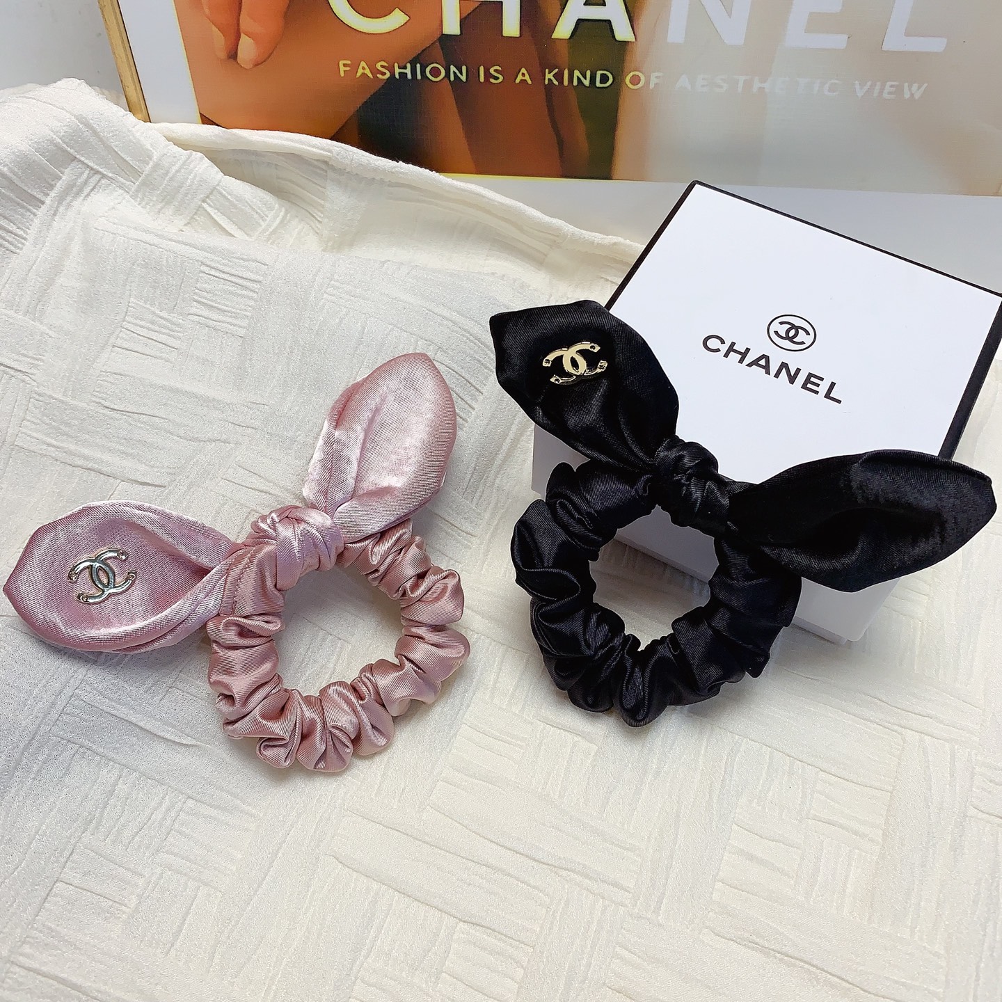 chanel 小香 chanel elastic band, rabbit ear 🐰 elastic hair tie, large intestine ring, daily exquisite small item, elegan…