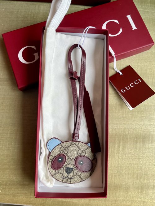 Gucci Emblem Panda Bag Charm Beige/Brown Canvas Leather Keychain 1 Gucci Emblem Panda Bag Charm Beige/Brown Canvas Leather Keychain