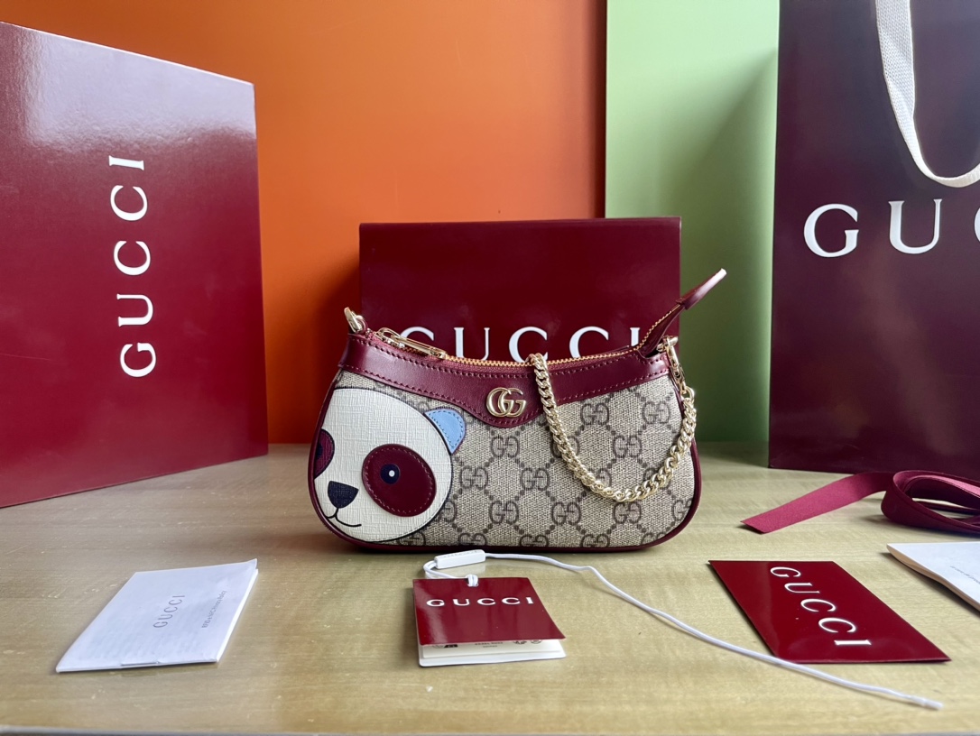 Gucci Mini Handbag with Panda Patch, Beige and Brown Gucci Letter Pattern