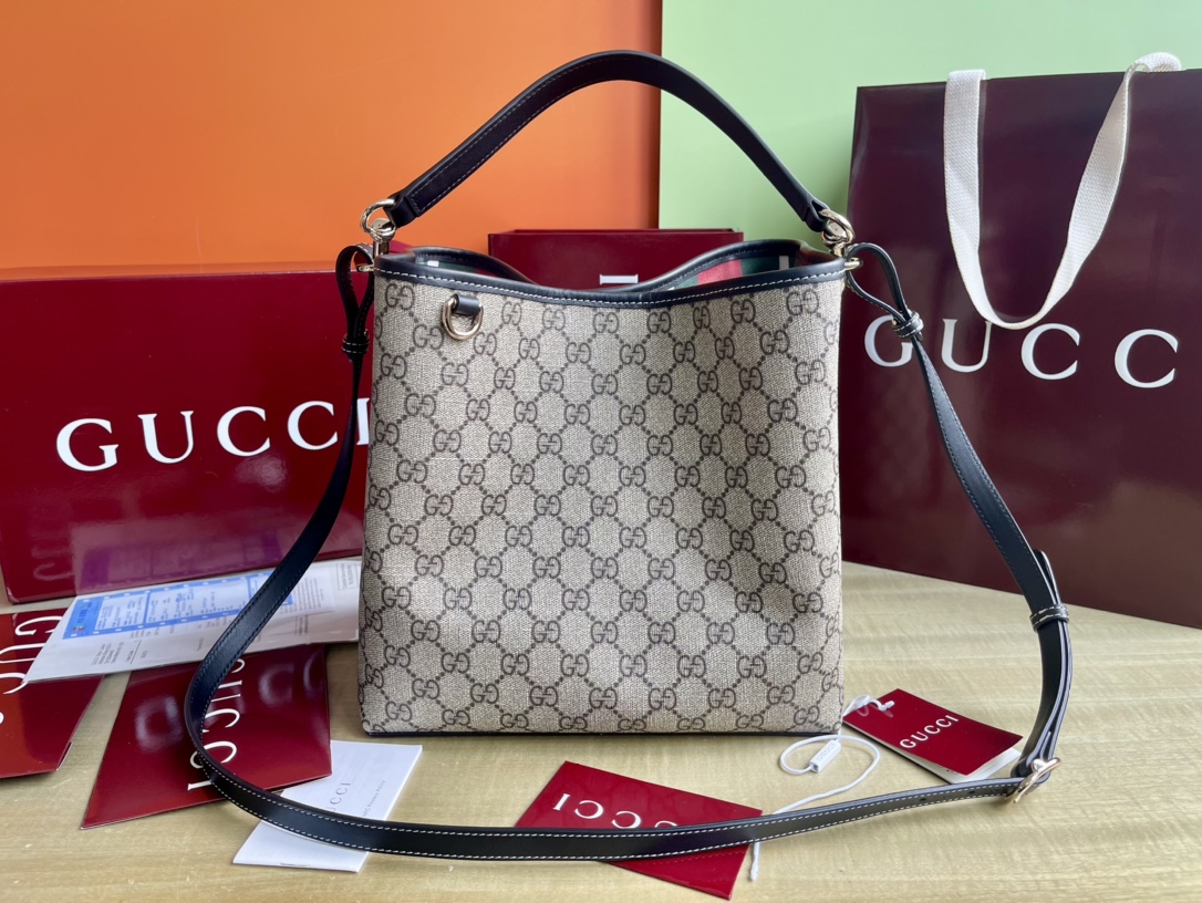 Gucci Emblem Small Shoulder Bag Beige and Dark Brown GG Supreme