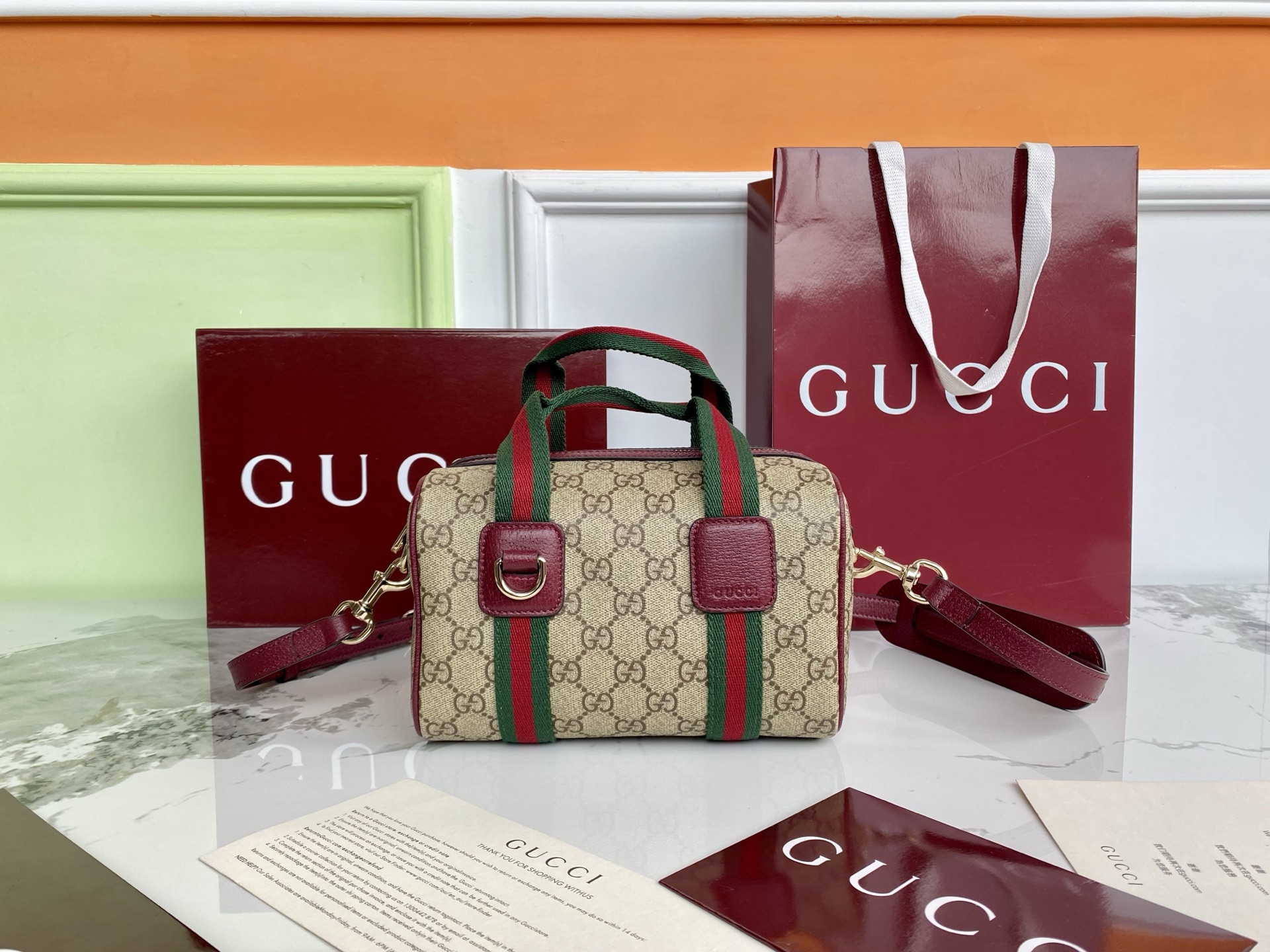 Gucci Mini Travel Bag GG Supreme Duffle With Web Stripe, 20 x 13 x 13 cm