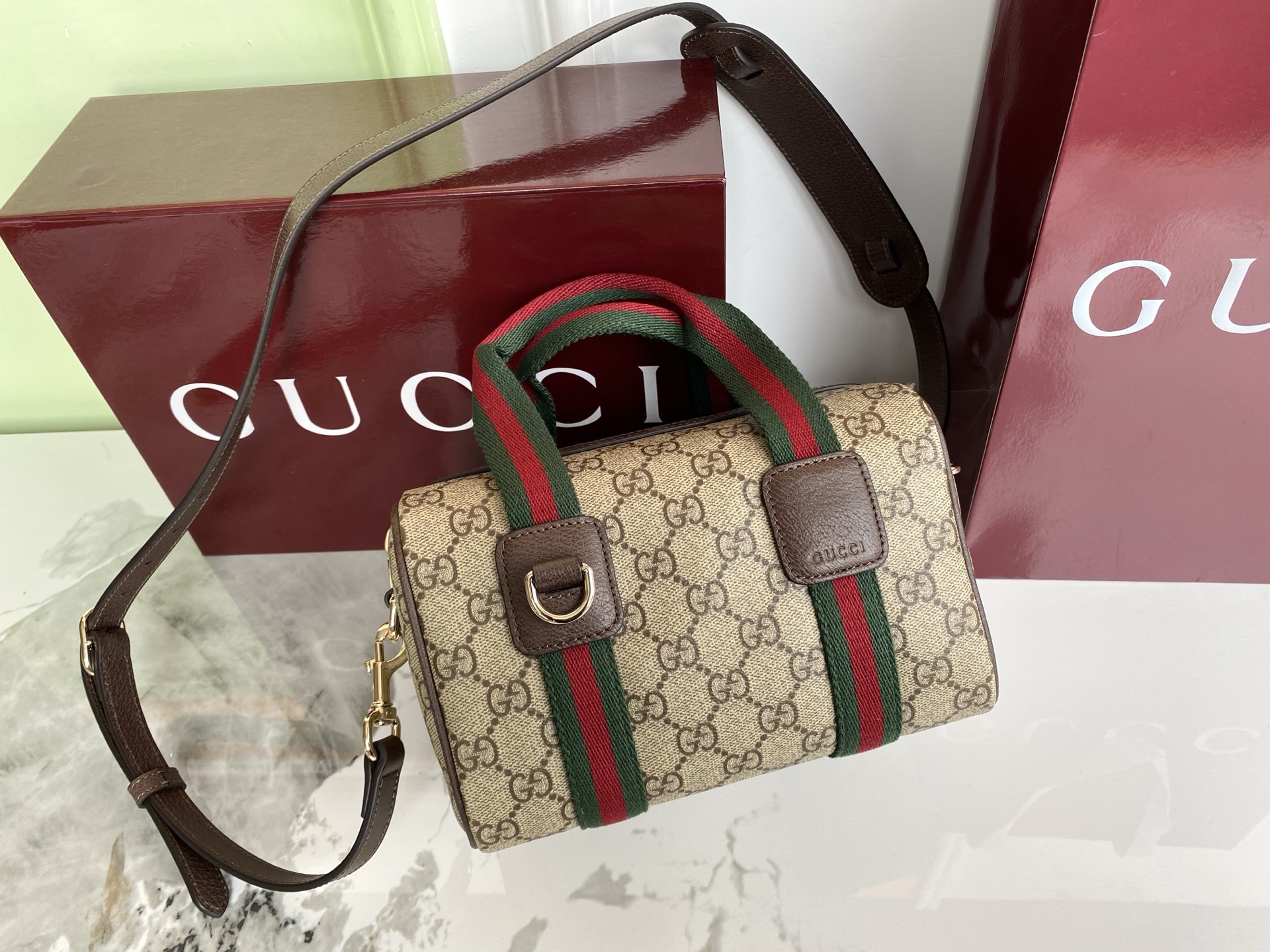 Gucci Mini Duffle Bag in Beige and Brown GG Supreme Canvas