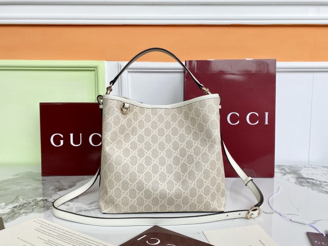 Gucci Emblem Small Shoulder Bag Beige and White with Leather Strap 1 Gucci Emblem Small Shoulder Bag Beige and White with Leather Strap