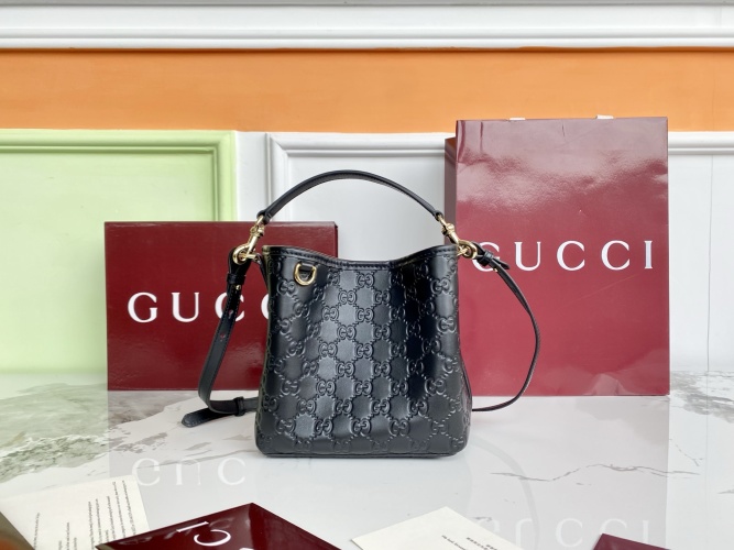Gucci Embossed Leather Bucket Bag with Adjustable Shoulder Strap - Black 2 Gucci Embossed Leather Bucket Bag with Adjustable Shoulder Strap - Black