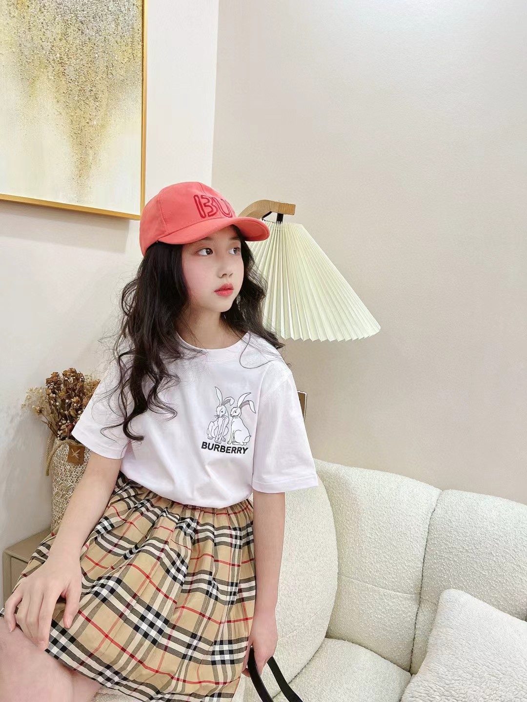 Camiseta de manga corta rosa combinada con falda a cuadros, envío inmediato, tallas 100-160