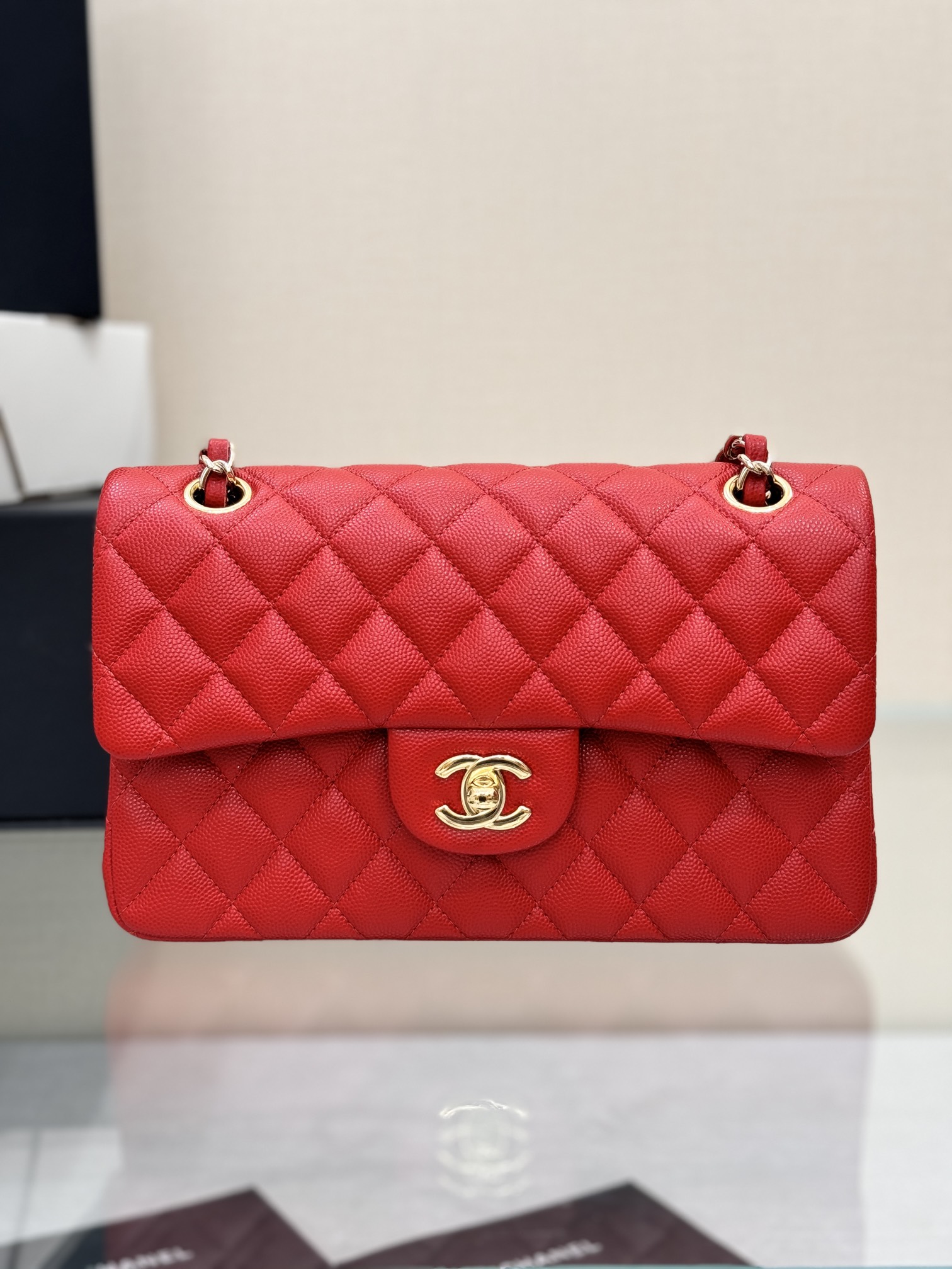 Versión mejorada con chip CF 23cm rojo grande bola pequeña hebilla dorada clara piel de ternera caviar grano bola talla…