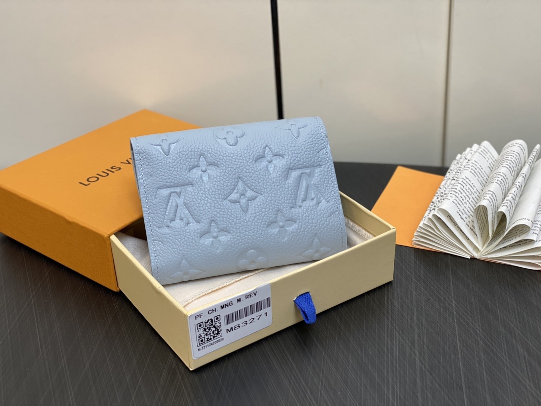 顶级原单M83271浅蓝色全皮压花三张钱包系列Victorine钱夹用柔软的MonogramUnplan