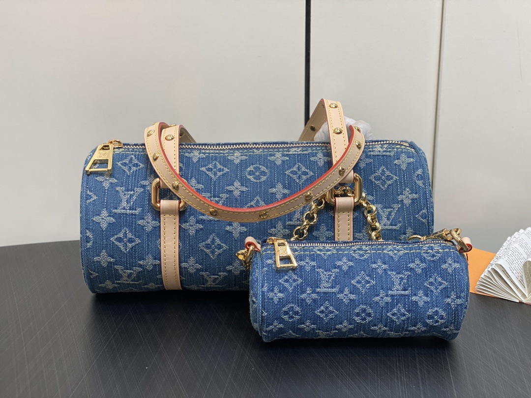 顶级原单M46830蓝色丹宁牛仔圆筒包圆鼓包系列PapillonDenimBleu子母手袋本款Papil