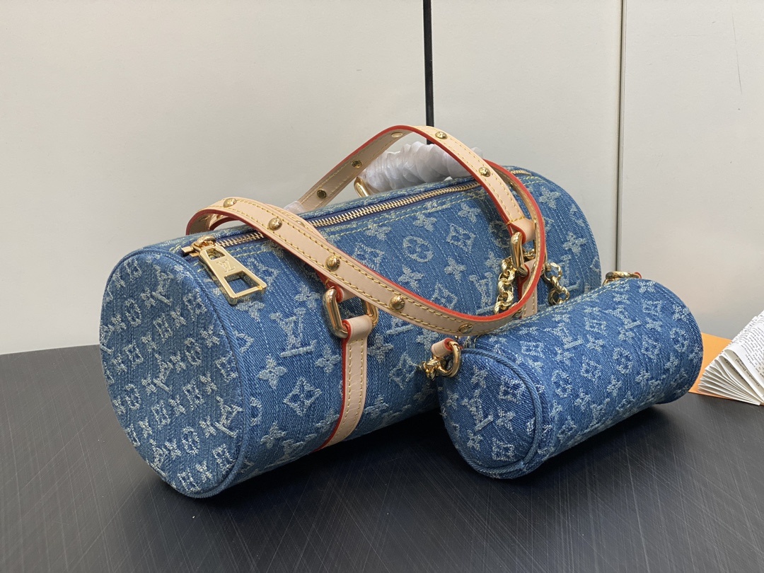 顶级原单M46830蓝色丹宁牛仔圆筒包圆鼓包系列PapillonDenimBleu子母手袋本款Papil