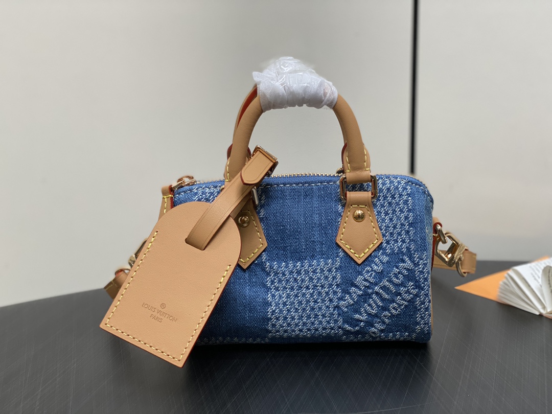 Louis Vuitton LV Speedy Bolsos de mano Azul Marco de madera a cuadros Lona Algodón bruto azul N40682