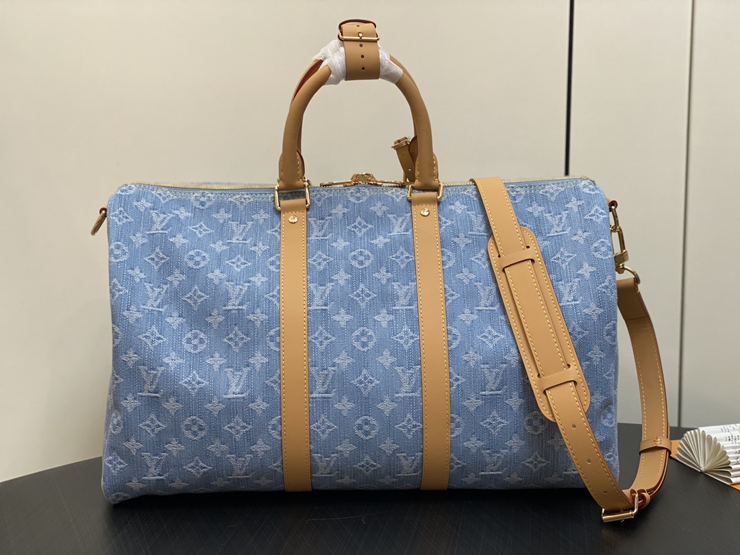 顶级原单M25334浅蓝色牛仔变码芯片版旅行袋系列KEEPALLBANDOULIÈRE45旅行袋本款Ke