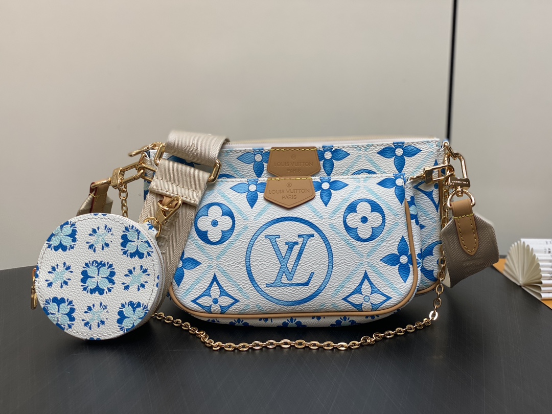 Louis Vuitton LV Multi Pochette Accessoires Bags Handbags Blue Canvas Fabric Summer Collection Chains M25374