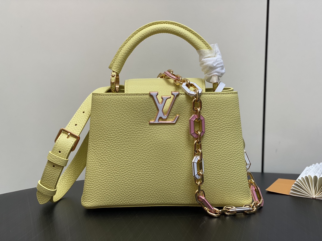 Louis Vuitton LV Capucines Bolsos de mano Amarillo Incrustados con diamantes Taurillon Cadena M25232