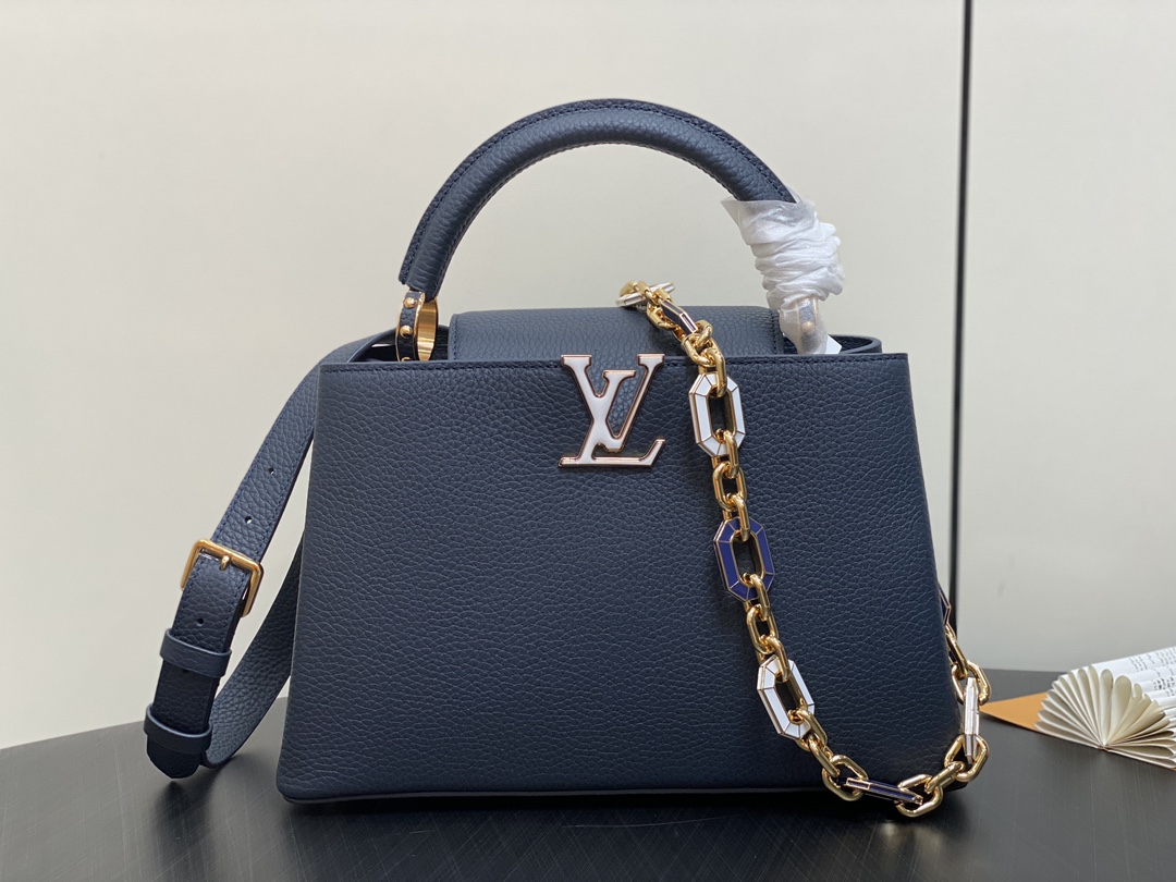 Louis Vuitton LV Capucines Bolsos de mano Azul oscuro Incrustados con diamantes Taurillon Cadena M25211