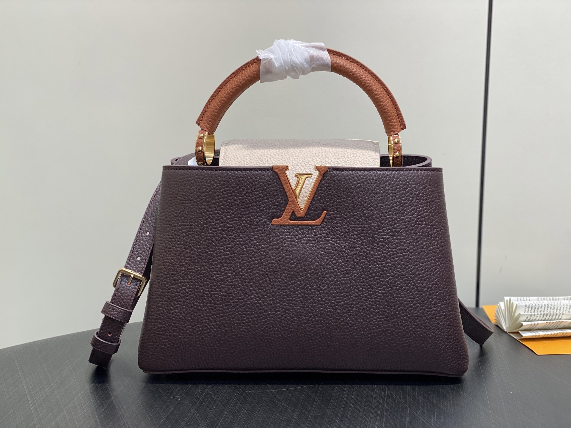 【顶级原单】M12952咖色拼色 全皮cap那英款 CAPUCINES 中号手袋 本款 Capucine