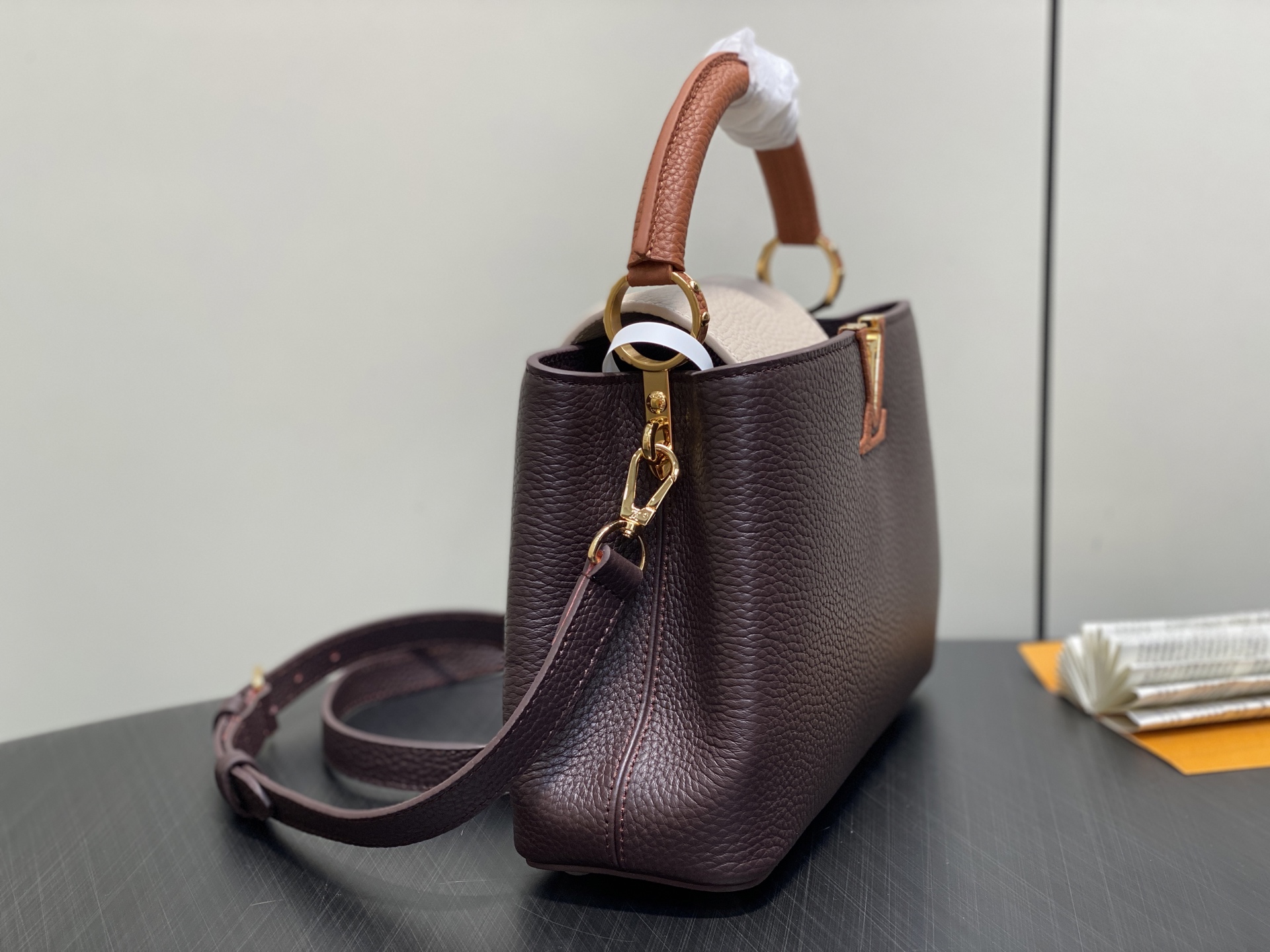 【顶级原单】M12952咖色拼色 全皮cap那英款 CAPUCINES 小号手袋 本款 Capucine