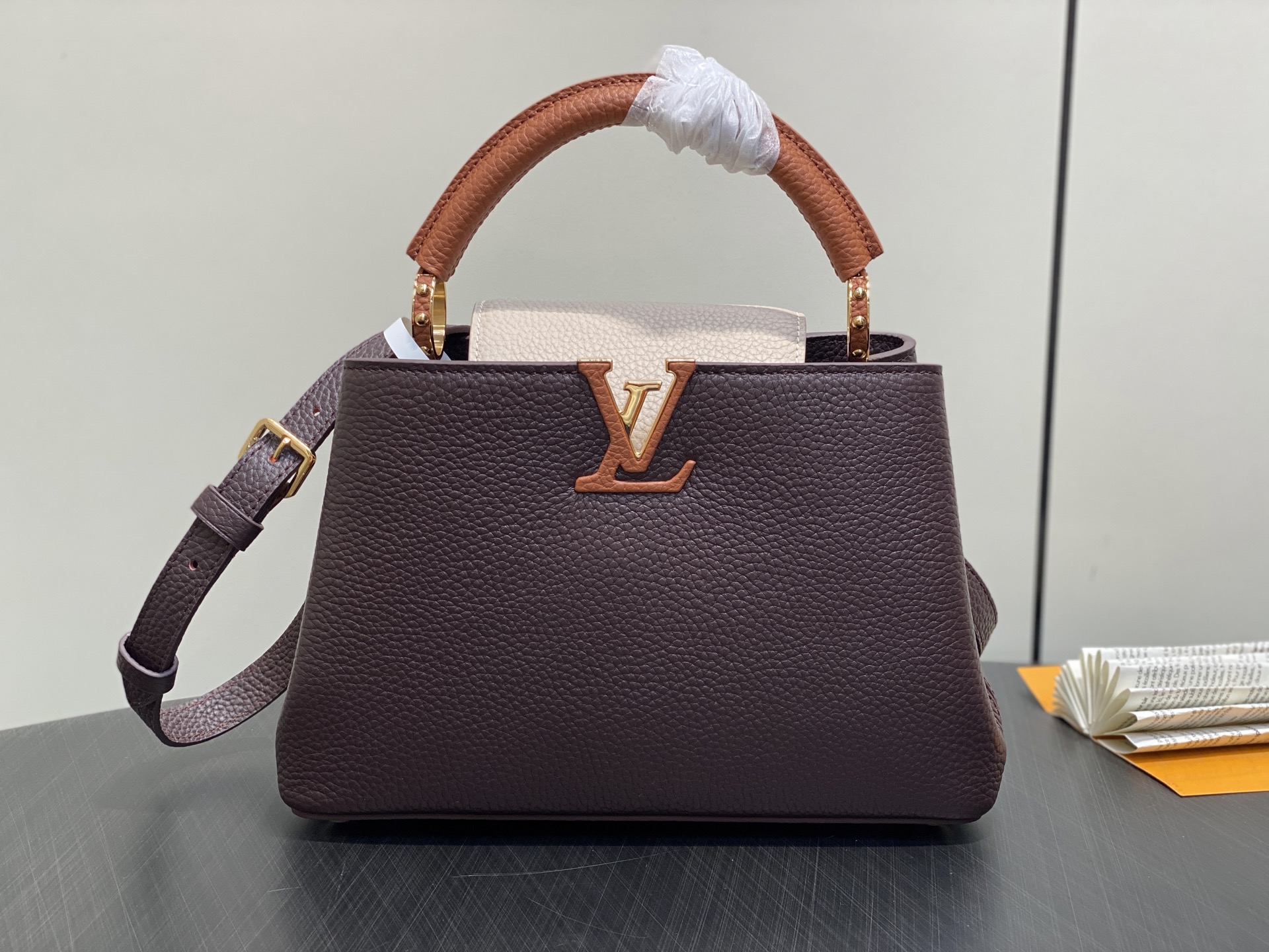 【顶级原单】M12952咖色拼色 全皮cap那英款 CAPUCINES 小号手袋 本款 Capucine