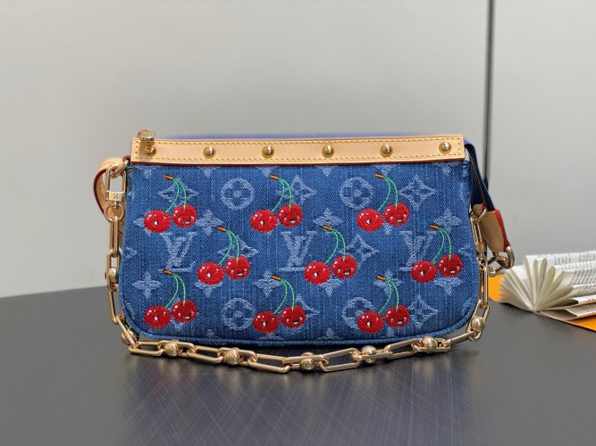 Louis Vuitton Denim Pochette Accessoires Bag with Cherry Monogram, Blue 1 Louis Vuitton Denim Pochette Accessoires Bag with Cherry Monogram, Blue