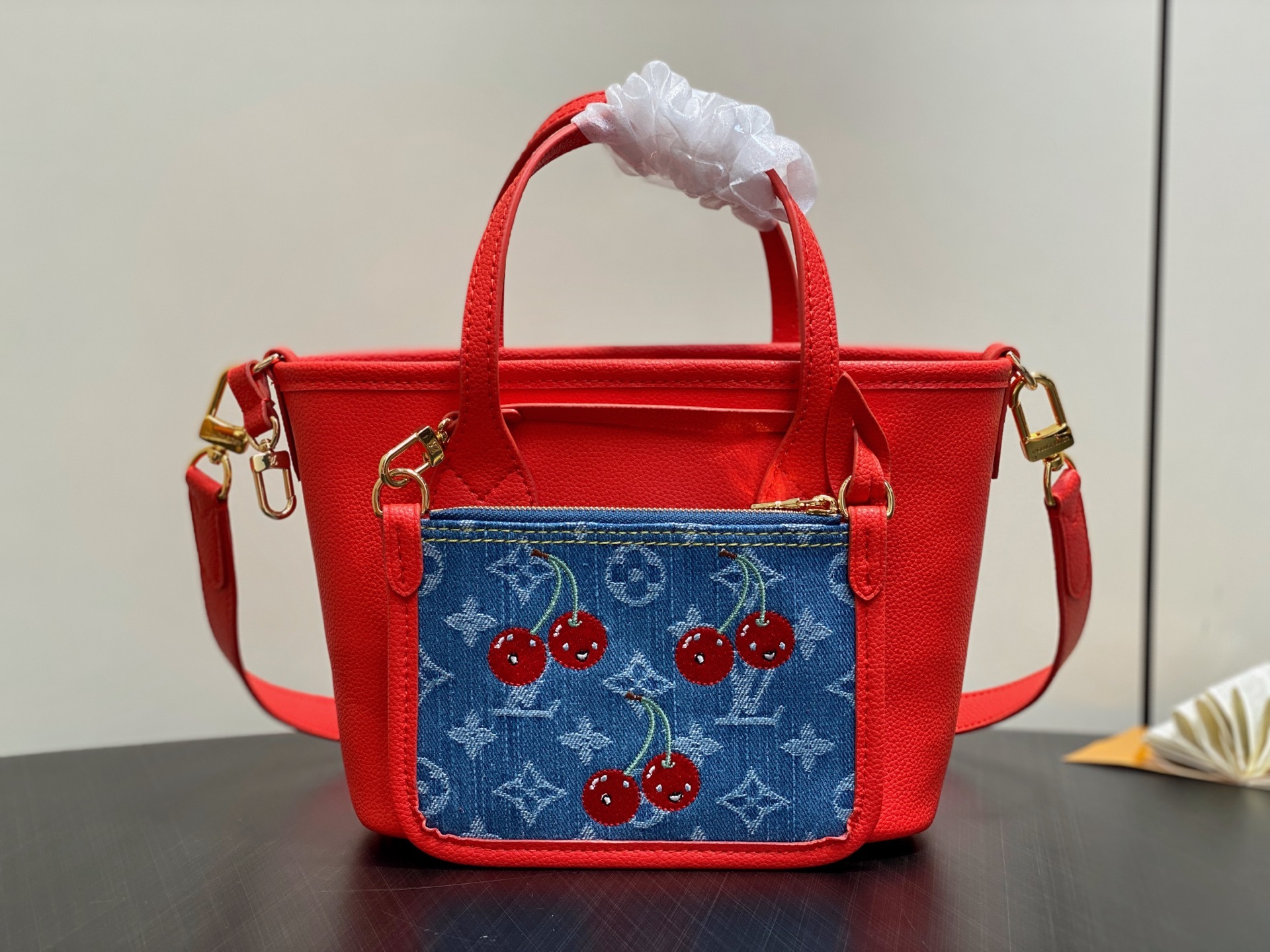 【顶级原单】M14997樱桃红 丹宁牛仔樱桃双面购物袋 本款Neverfull linside Out