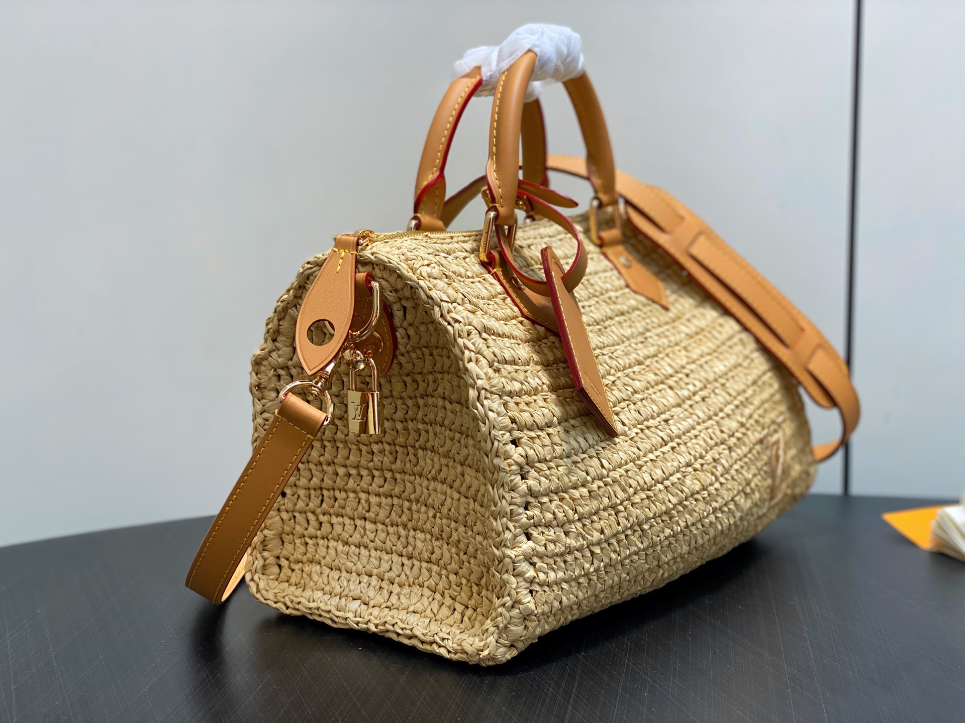 【顶级原单】M14457杏色 拉菲草编织speedy枕头包 当季新款 SPEEDY 30 BANDOUL