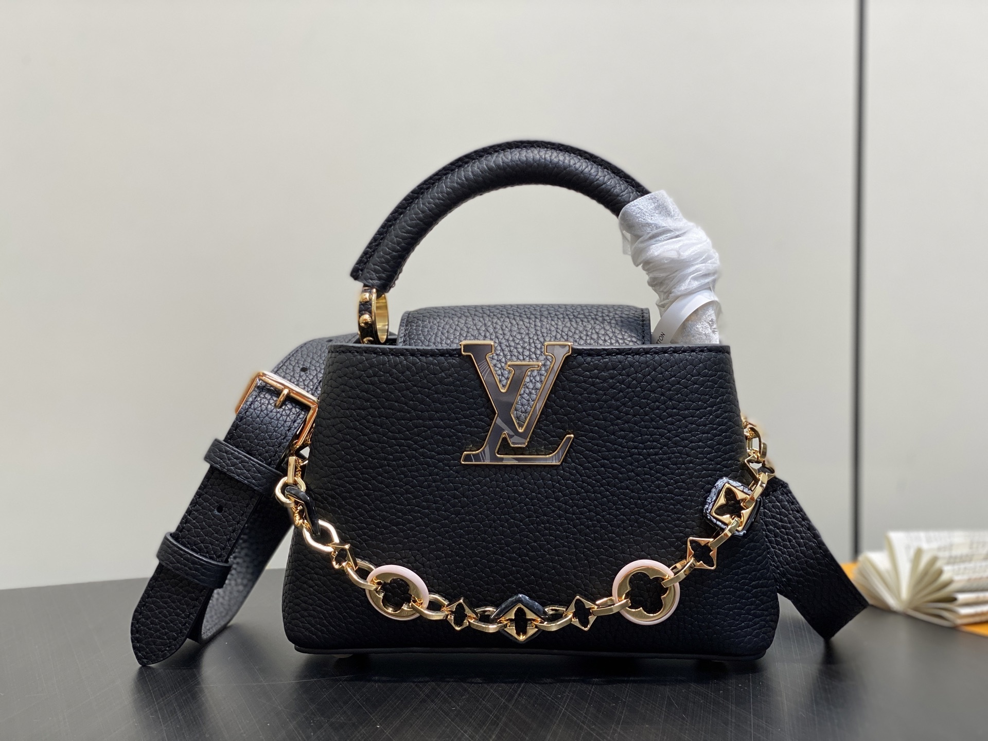 【顶级原单】M14970黑色 链条全皮cap那英款 CAPUCINES 迷你手袋 Capucines 系