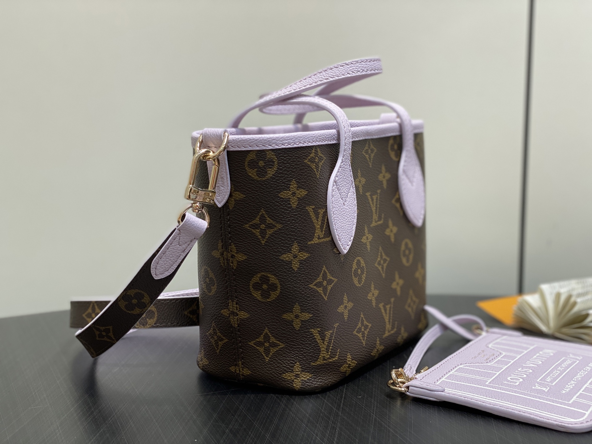 【顶级原单】M25656老花浅紫色 双面小号购物袋 Neverfull Bandoulière Insi