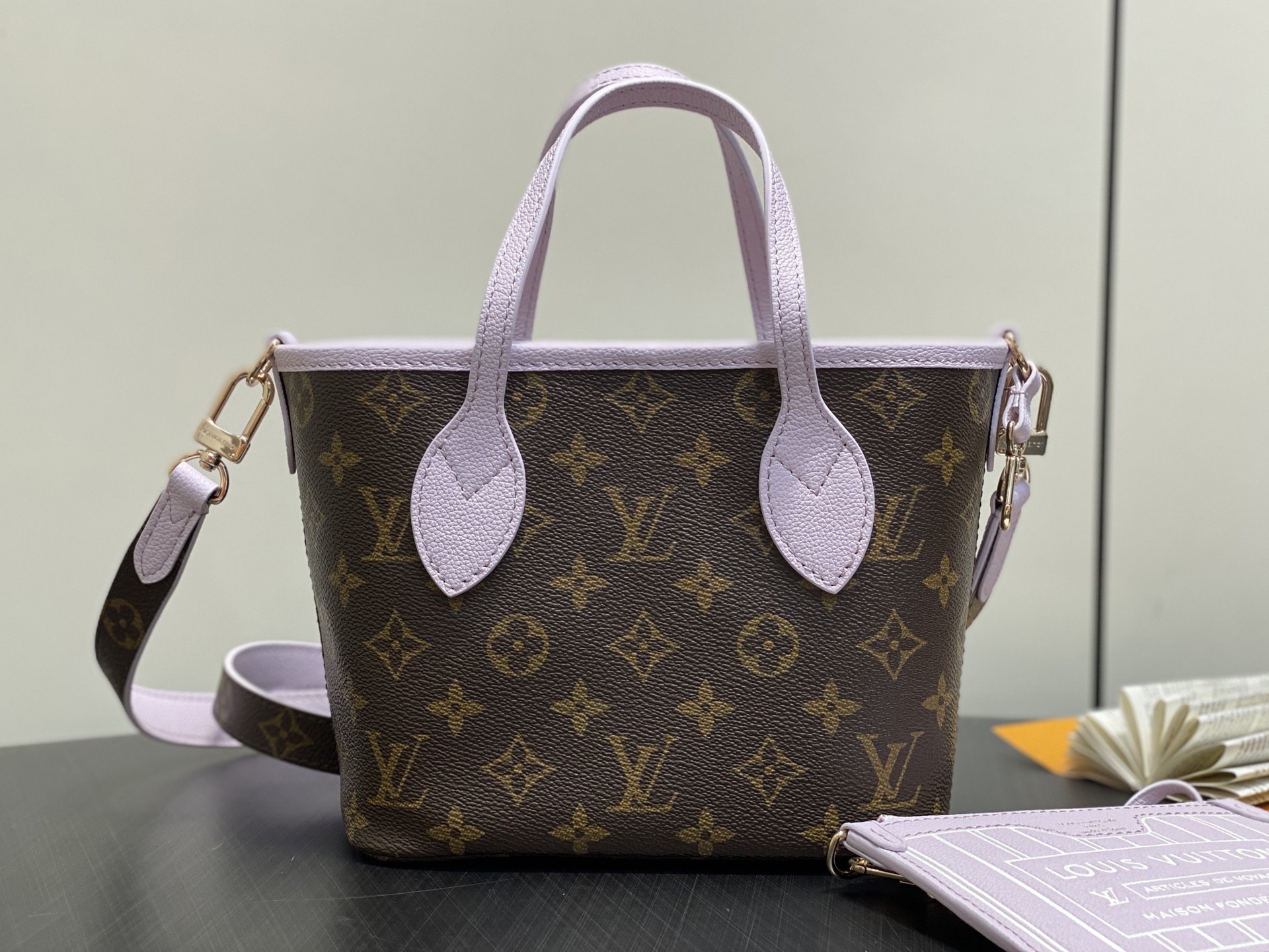 【顶级原单】M25656老花浅紫色 双面小号购物袋 Neverfull Bandoulière Insi