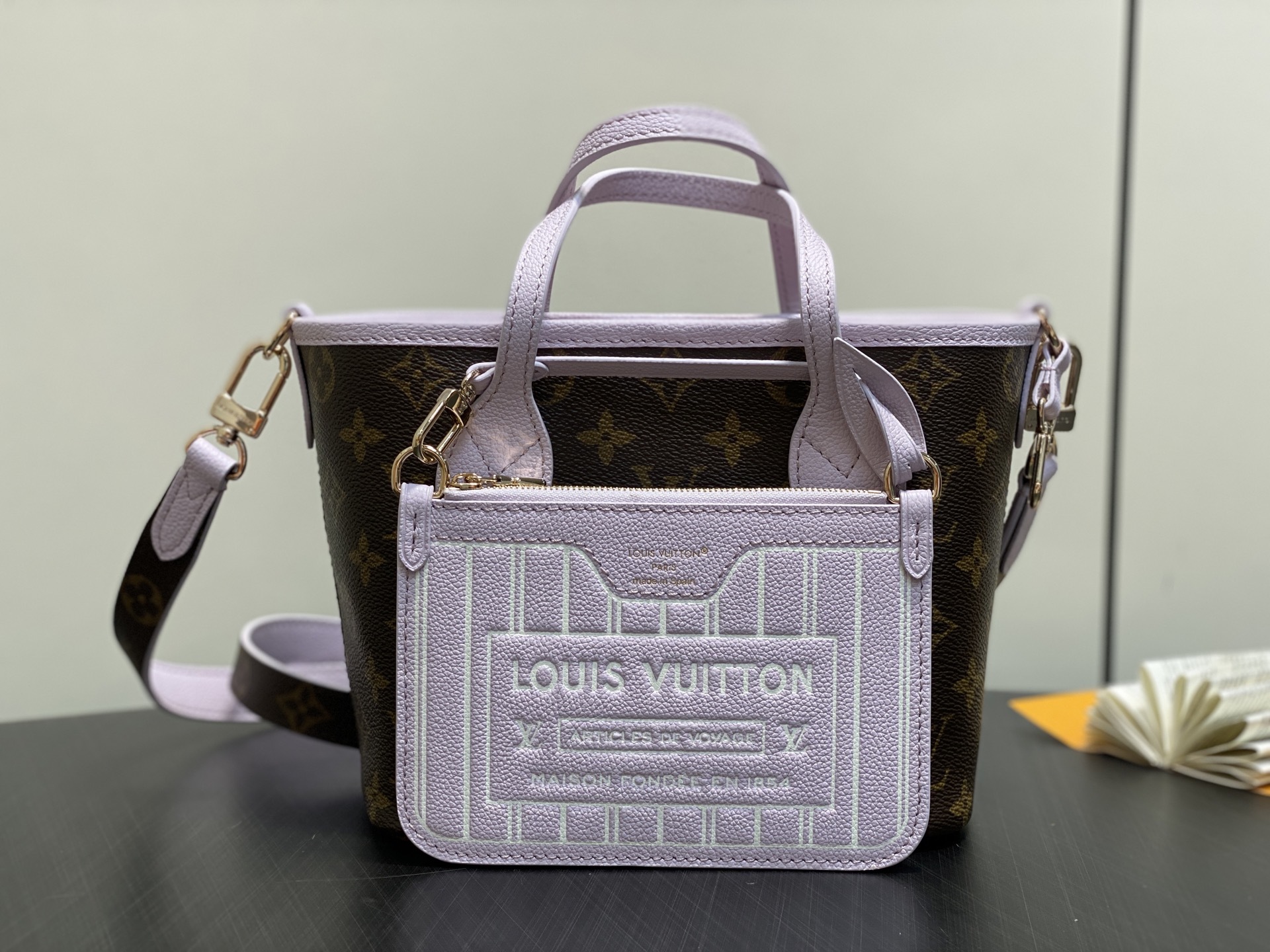 【顶级原单】M25656老花浅紫色 双面小号购物袋 Neverfull Bandoulière Insi