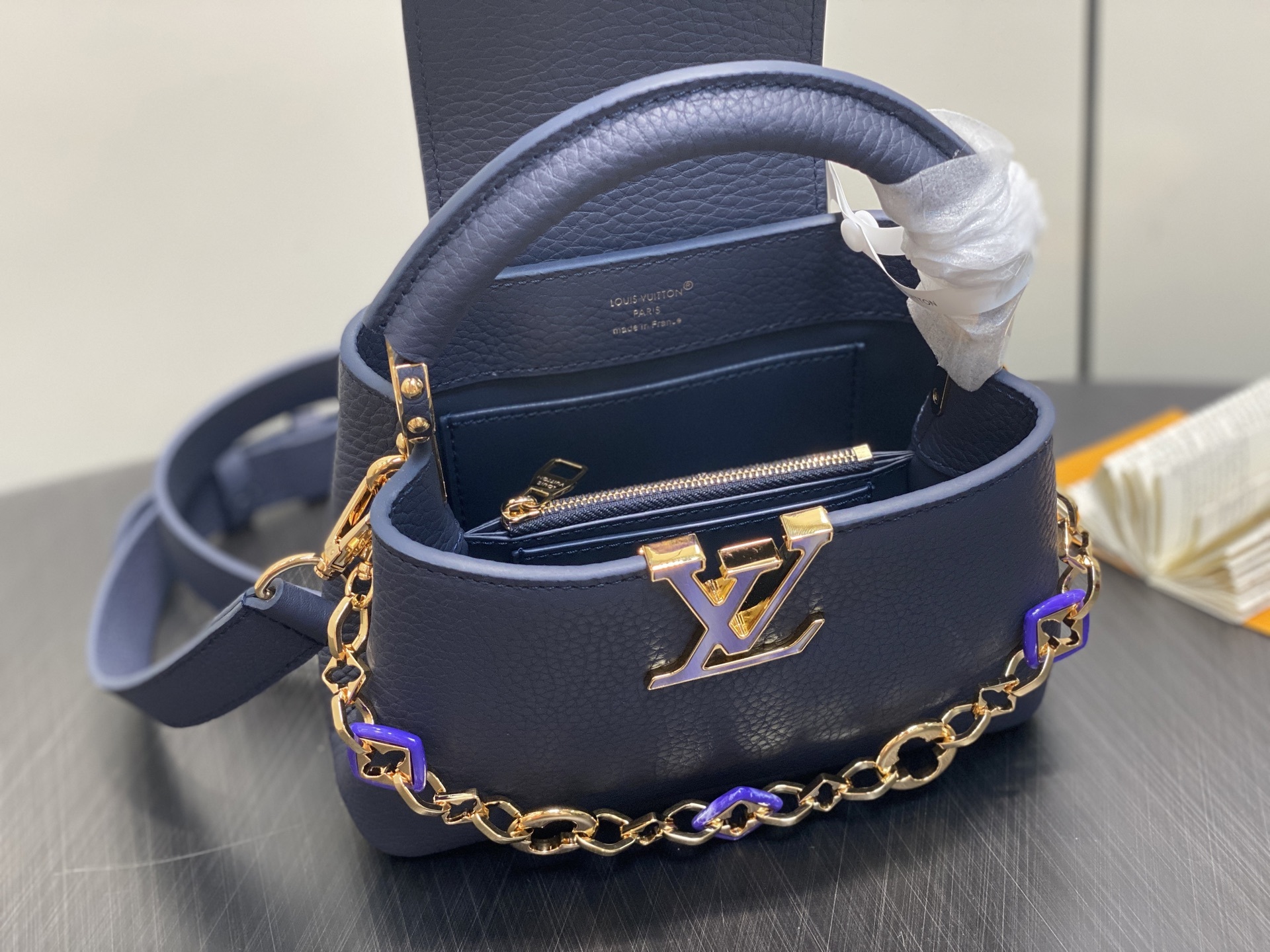 【顶级原单】M14970深蓝 M14971 链条全皮cap那英款 CAPUCINES 迷你手袋 Capu