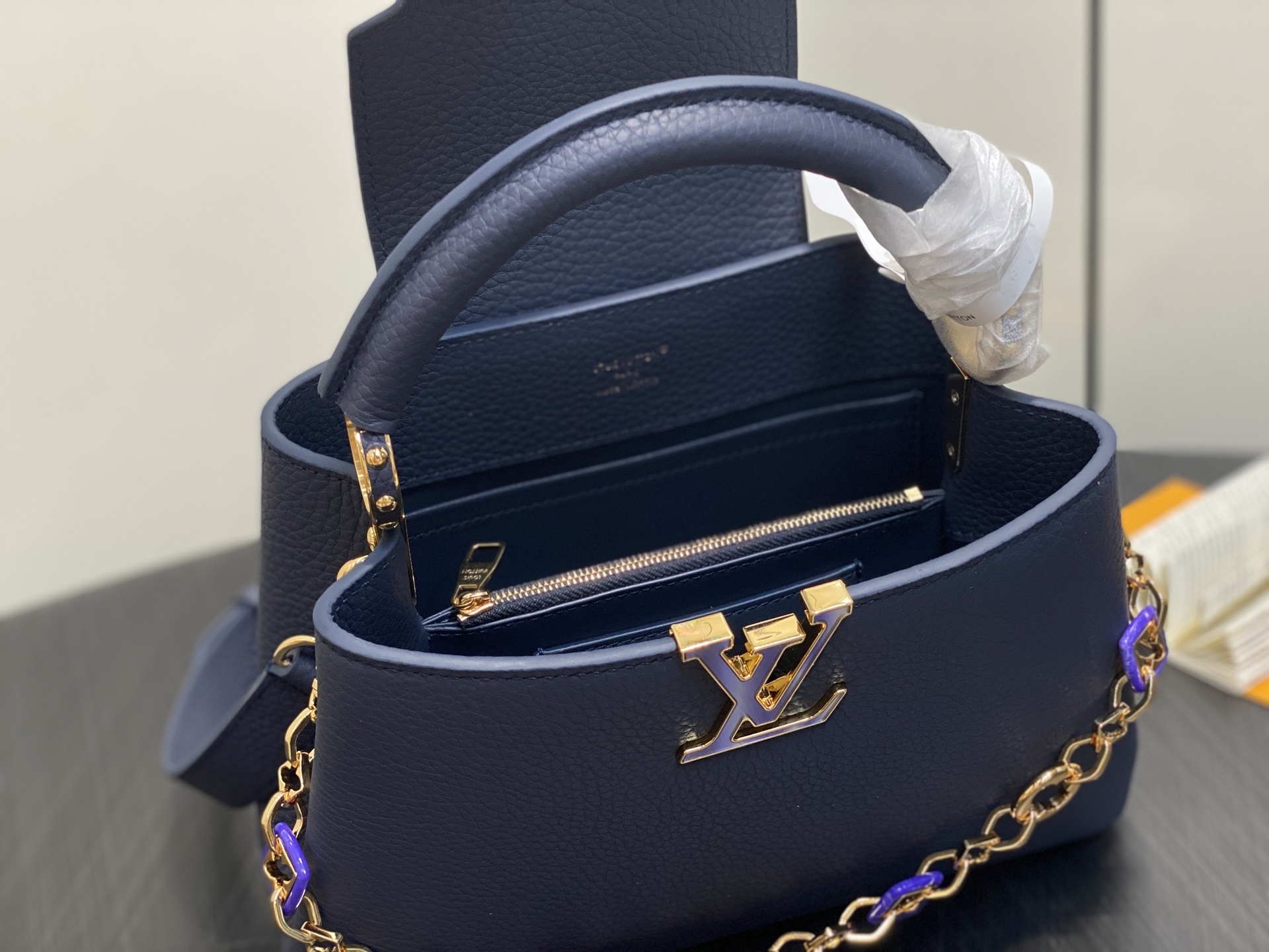 【顶级原单】M14970蓝色 M14971 链条全皮cap那英款 CAPUCINES BB手袋 Capu