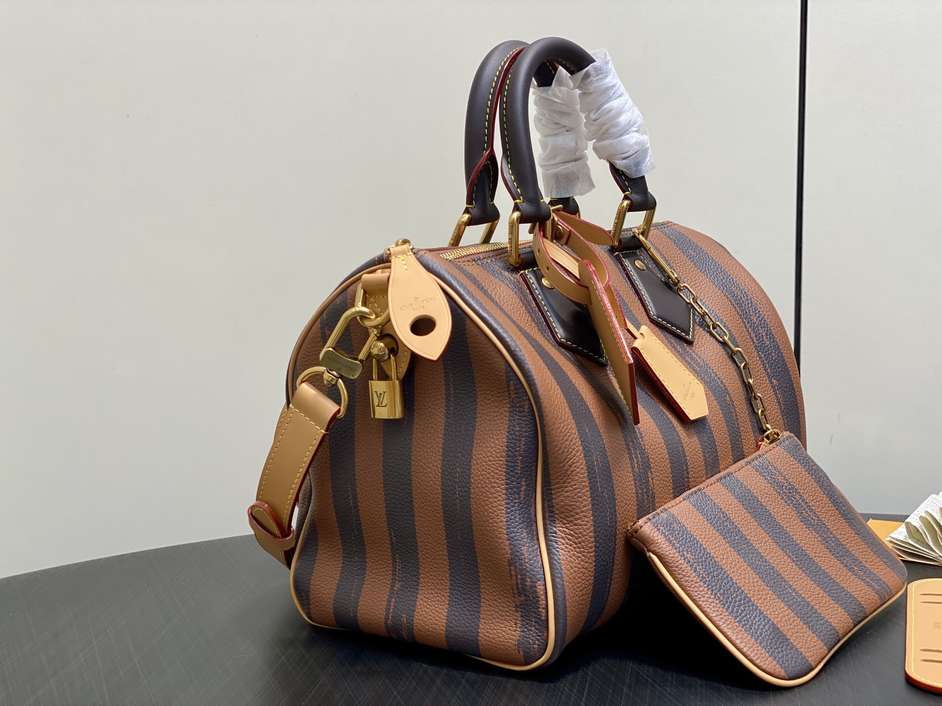 【顶级原单】M14064咖啡条纹 全皮speedy枕头包 SPEEDY BANDOULIÈRE30 手袋