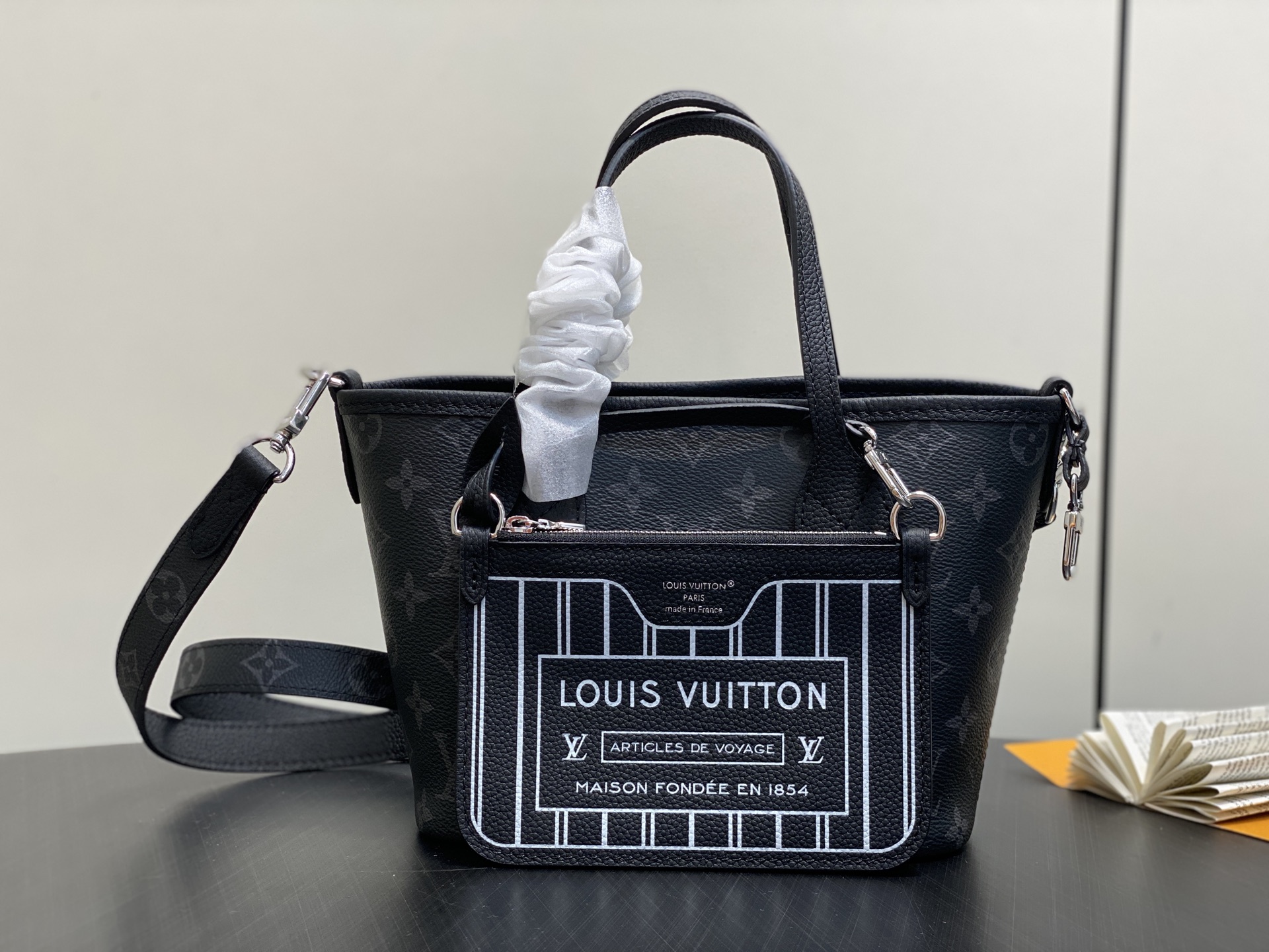 【顶级原单】M15210黑花黑色 双面购物袋 Neverfull Bandouliere Inside 