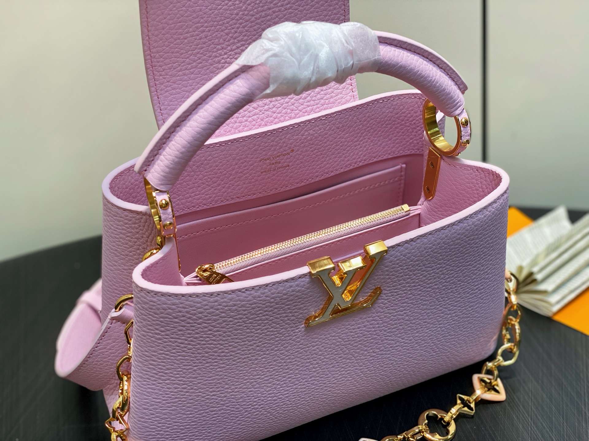 【顶级原单】M14970粉紫 M14381 链条全皮cap那英款 CAPUCINES BB手袋 Capu