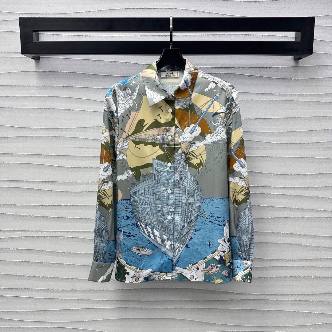 NO:325529,Herme*2025 new product is on the shelves of printed lapel long-sleeved shirts with custom YB imported twill thick material breathable and skin-enhancing. Use craftsmanship to restore clear prints. Outline the sea and sailing patterns. Show brand tone. The cuffs are wide and tightened to add layering. Dwarf and generous. The drapes are smooth and smooth to modify the body lines. The surface and auxiliary materials are developed. The lapel long-sleeved shirt tailoring. The all-season versatile styles are suitable for random matches. The upper body is perfect for commuting. The upper body is high-end and elegant. The 3 colors, hermes, skirts, shirts, alexander wang19860909Herme*2025新品上架印花翻领长袖衬衫定制YB进口斜纹稠材质 透气养肤舒适 沿用工艺还原清晰印花 勾勒出大海和帆船图案 彰显品牌调性 袖口宽边束紧处理 增添造型层次感 端庄大方 垂顺利落修饰身材线条 面辅料开发 翻领长袖衬衣剪裁 时尚与实用兼备的四季百搭款式 随意搭配裙装裤装均适配 通勤上身妥妥高阶气质女郎 高版本3色,,hermes,skirts,shirts,alexander wang,Women's clothing