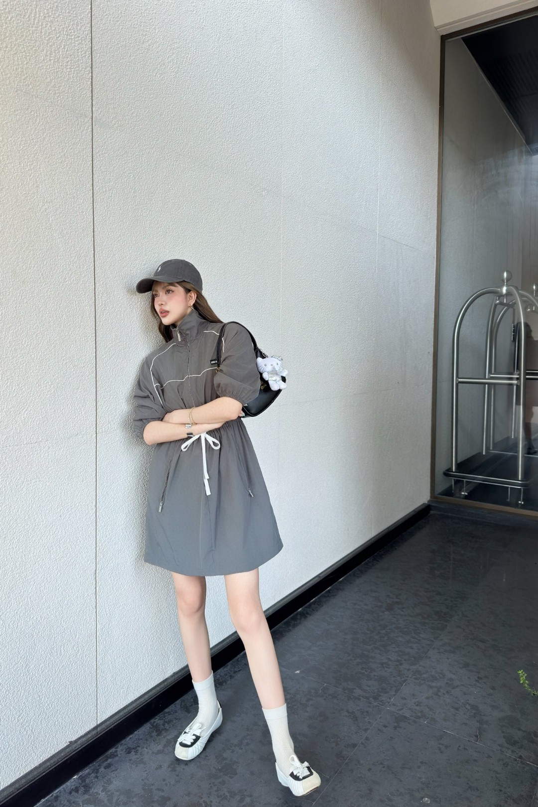 Miu Miu Gray Nylon Drawstring Utility Mini Dress with Zipper Detail 3 a1745437426342 5306