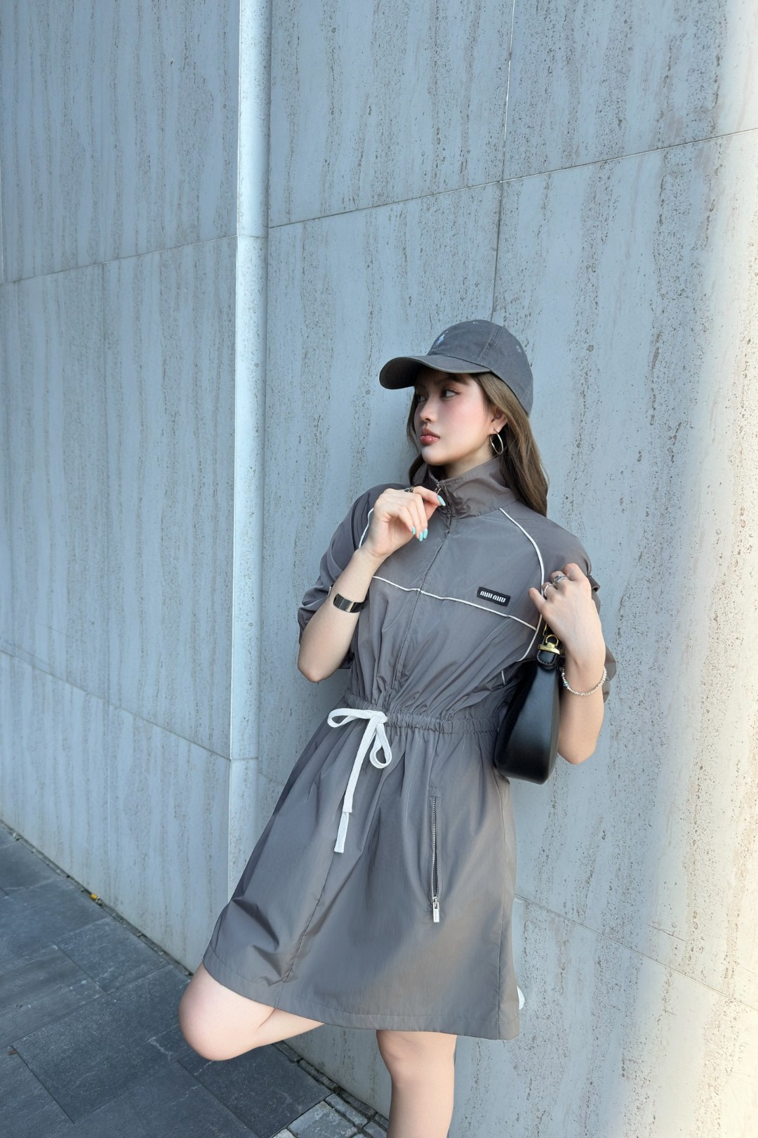 Miu Miu Gray Nylon Drawstring Utility Mini Dress with Zipper Detail 2 a1745437426345 3775