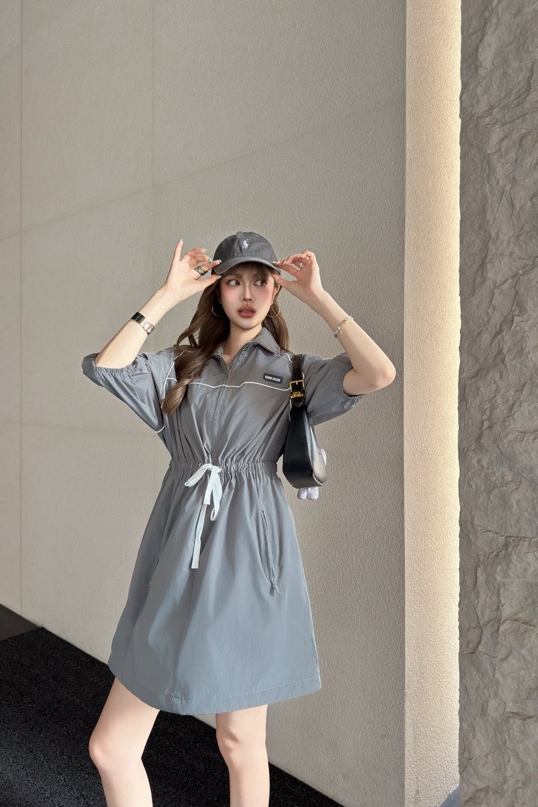 Miu Miu Gray Nylon Drawstring Utility Mini Dress with Zipper Detail 5 a1745437426346 5140